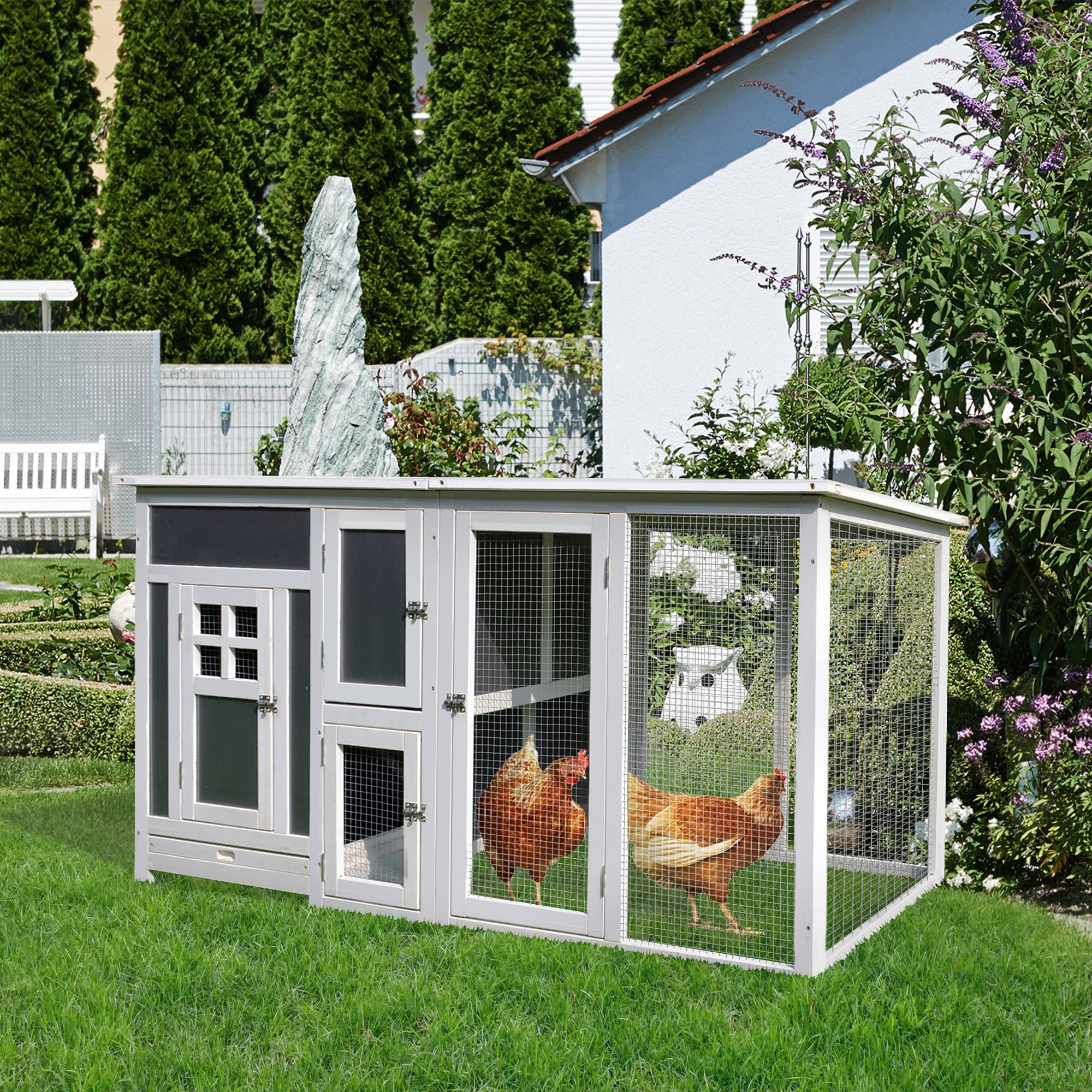 63" Chicken Coop Wooden Hen House Rabbit Hutch Poultry Cage Pen Outdoor Backyard with Nesting Box and Run Small Animal Cage PC Roof Grey