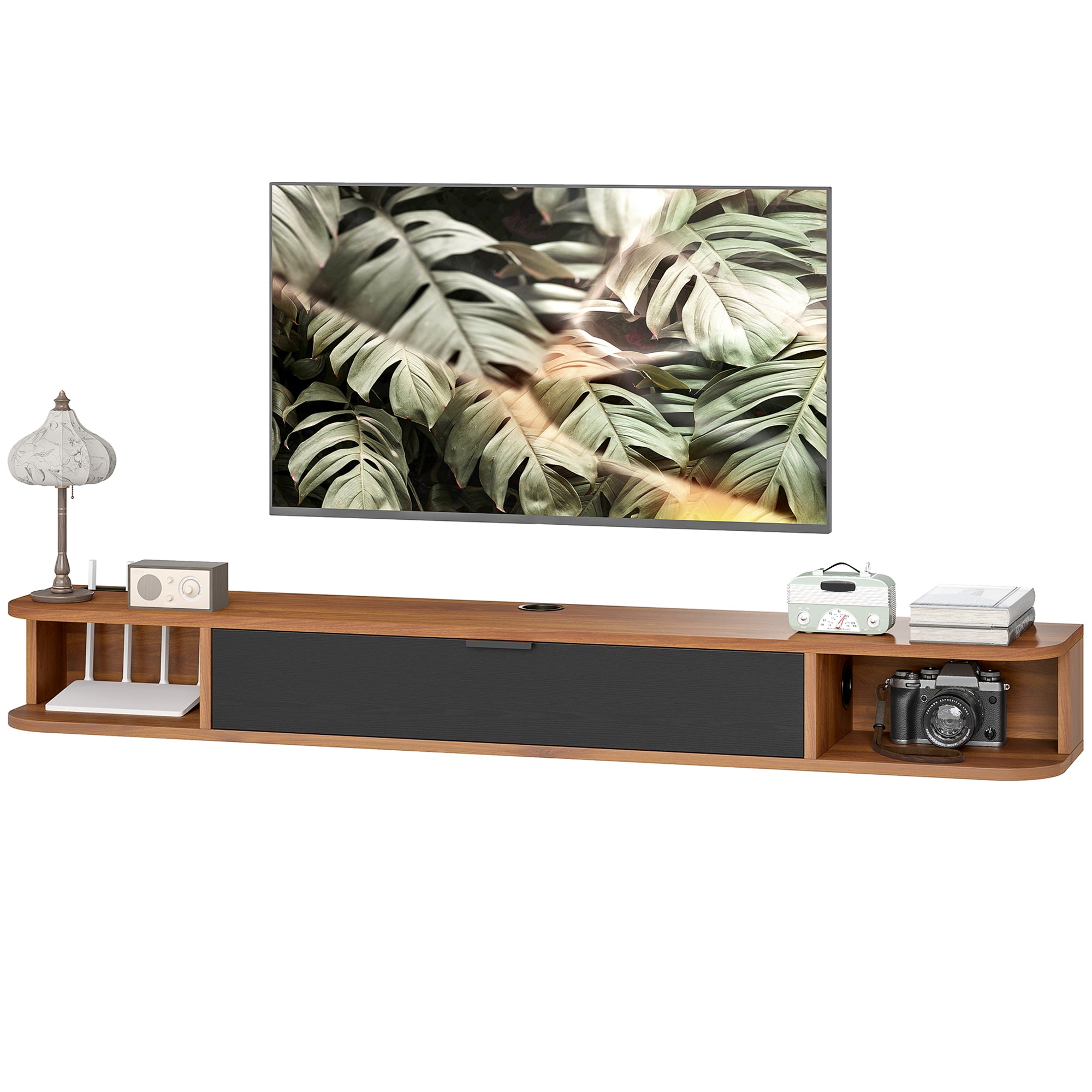 55" Floating TV Stand for TVs up to 60 Inch, Wall Mounted Media Console with Flip Drawer and 2 Open Shelves, Walnut