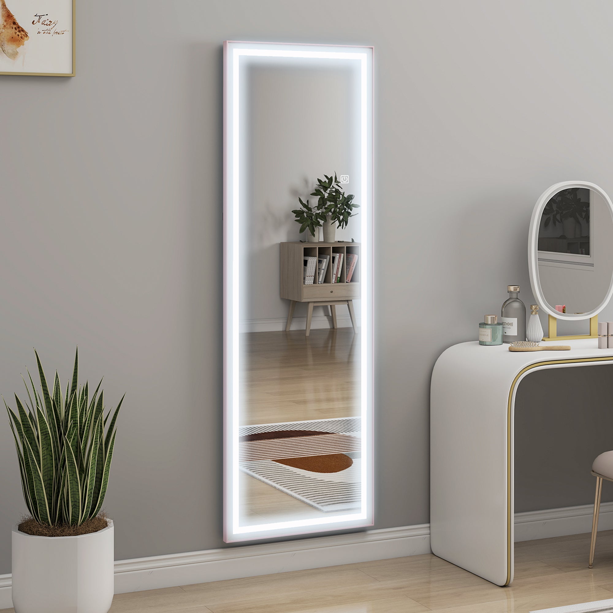 LED Mirror with Dimmable and 3 Colour Lights, 64" x 21" Rectangular Floor Mirror for Bedroom Living Room, Pink