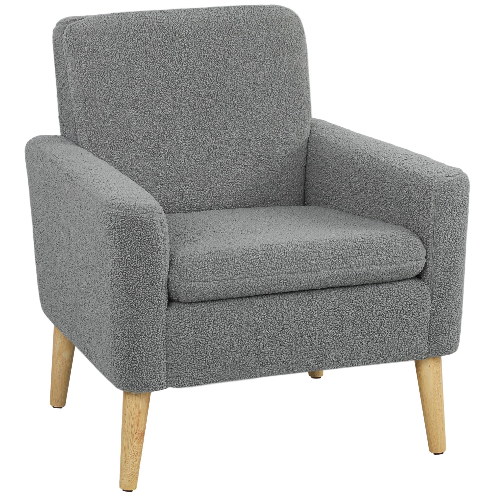 Fabric Accent Chair, Modern Upholstered Armchair with Wood Legs and Wide Padded Seat, Grey
