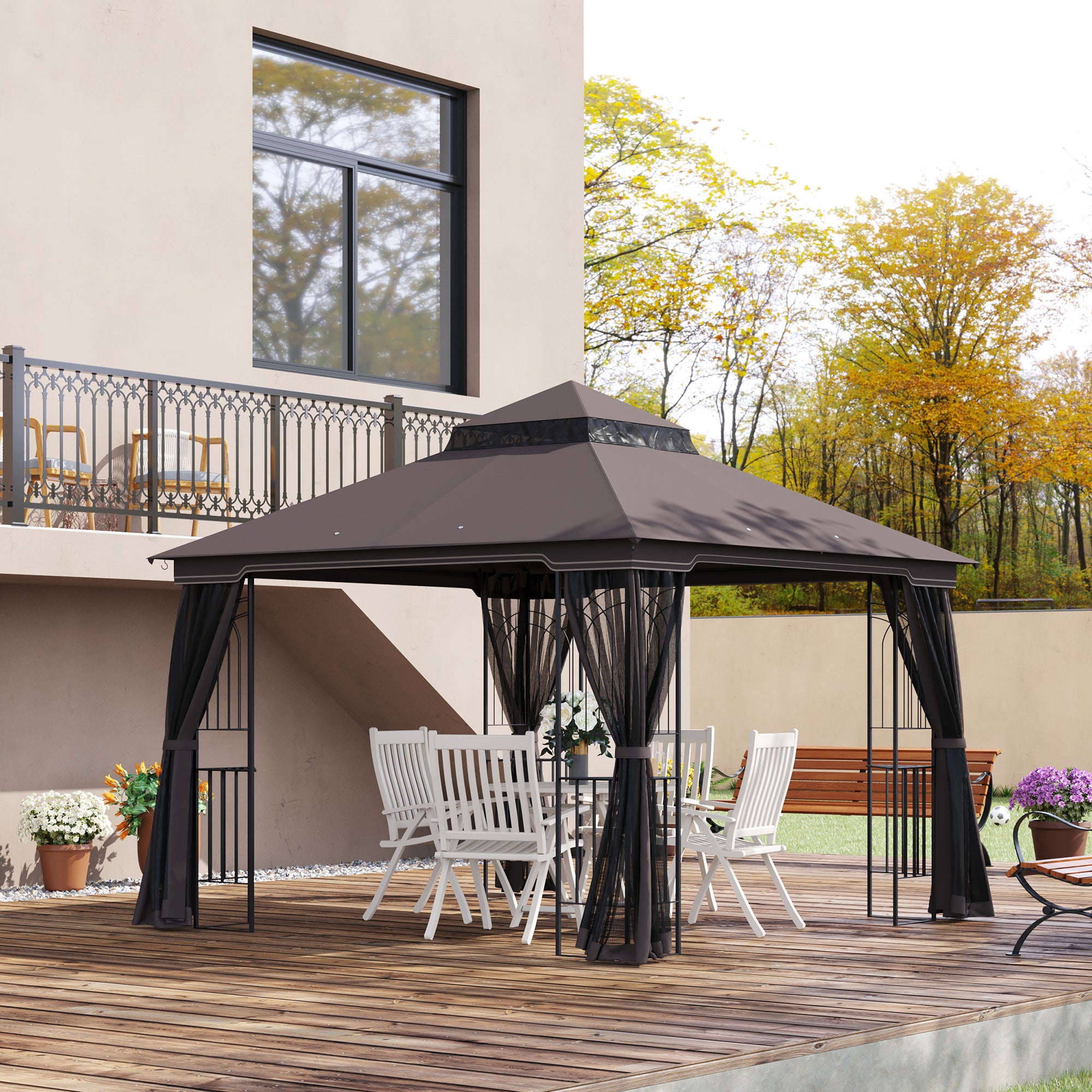 10'x10' Soft-top Patio Gazebo with Double Tier Roof, Mesh Curtains, Display Shelves, Top Hooks, Coffee