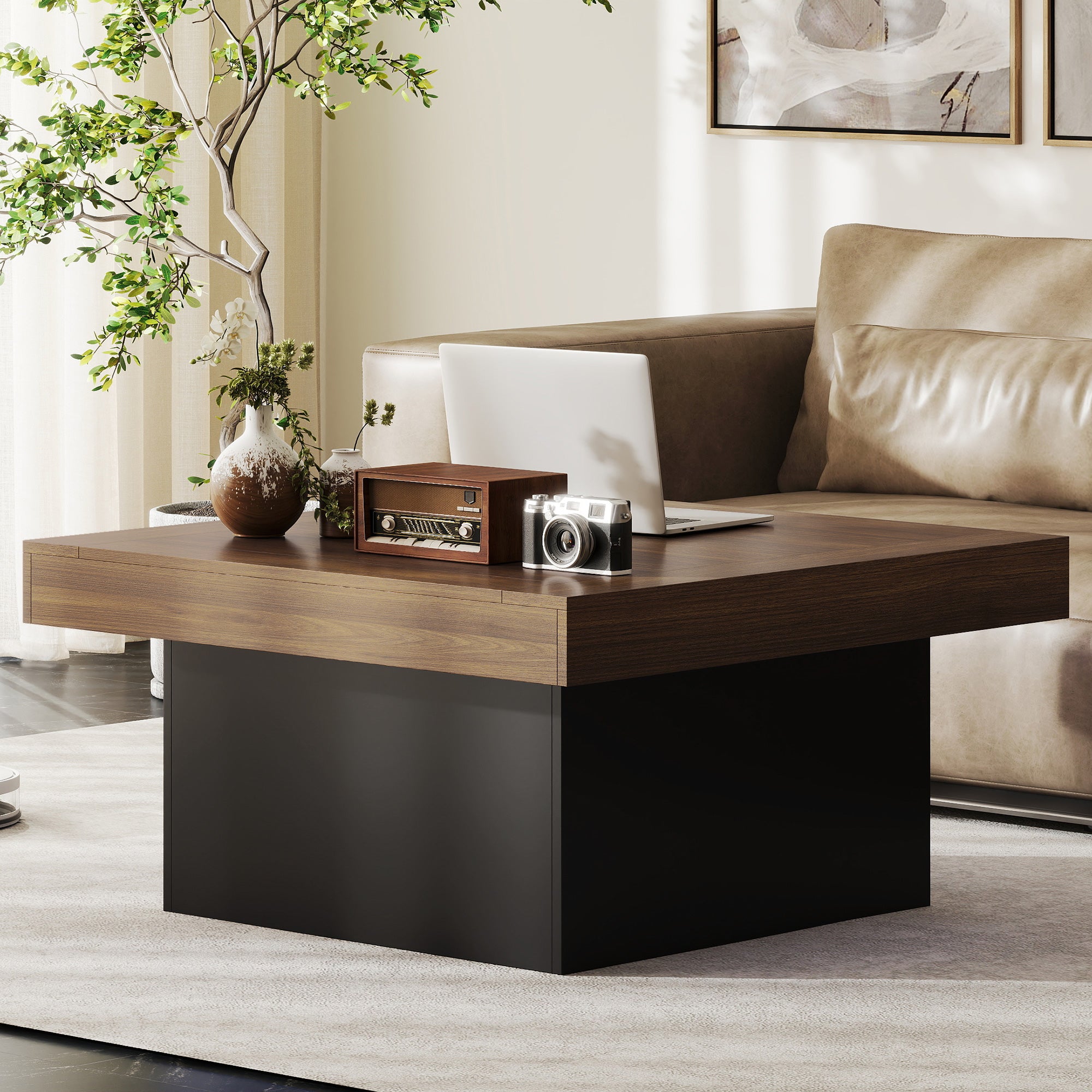 Square Coffee Table with 16-Colour LED Lights, 35-inch Modern Center Table for Living Room, Walnut