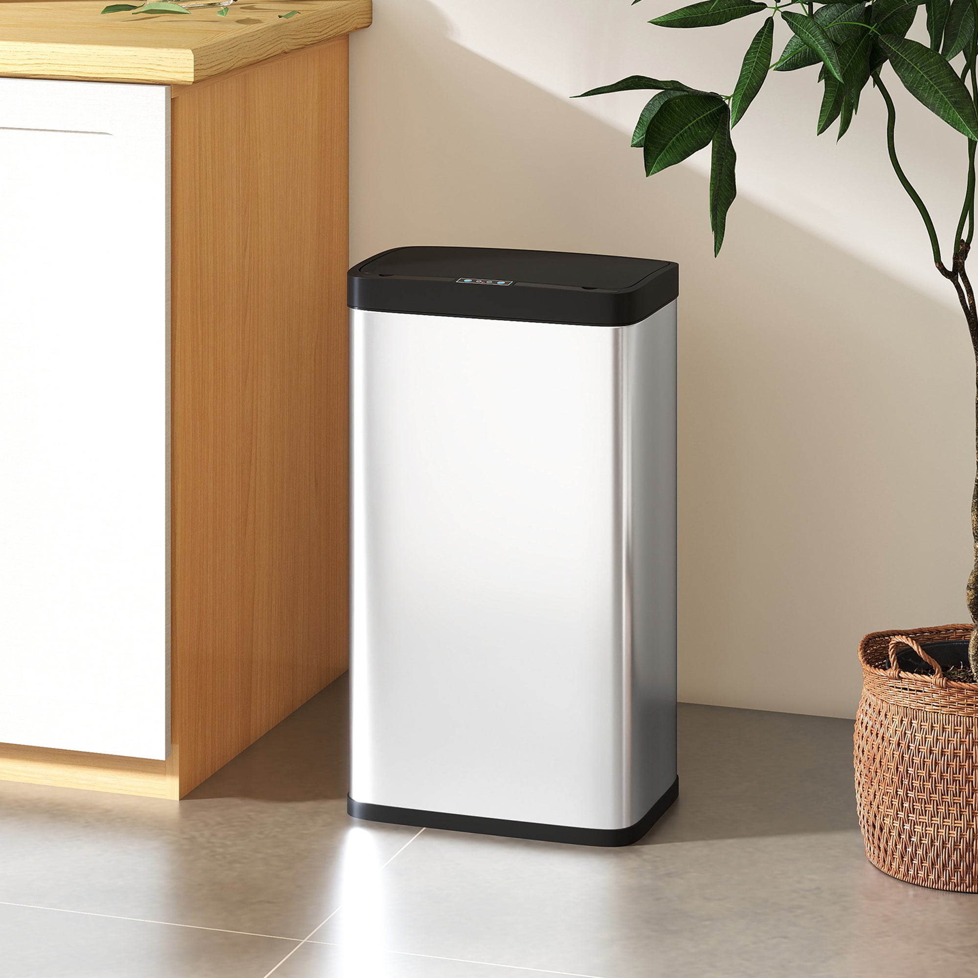 12 Gallon Sensor Can, Automatic Garbage Can with Soft-Close Lid, Fingerprint-Proof Stainless Steel, Silver