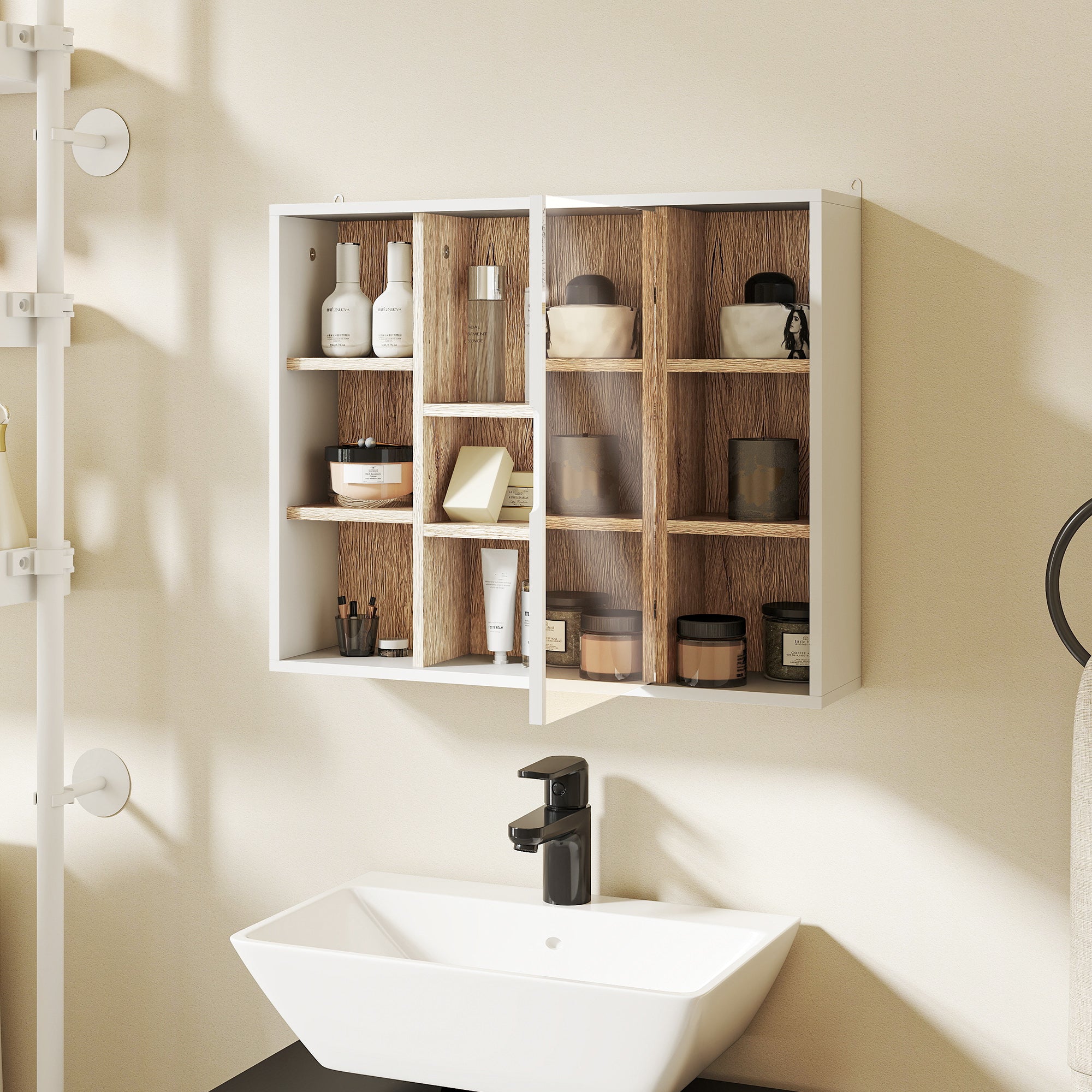 Wall-Mounted Bathroom Medicine Cabinet with Mirror, Over Toilet Bathroom Vanity Cabinet White & Oak