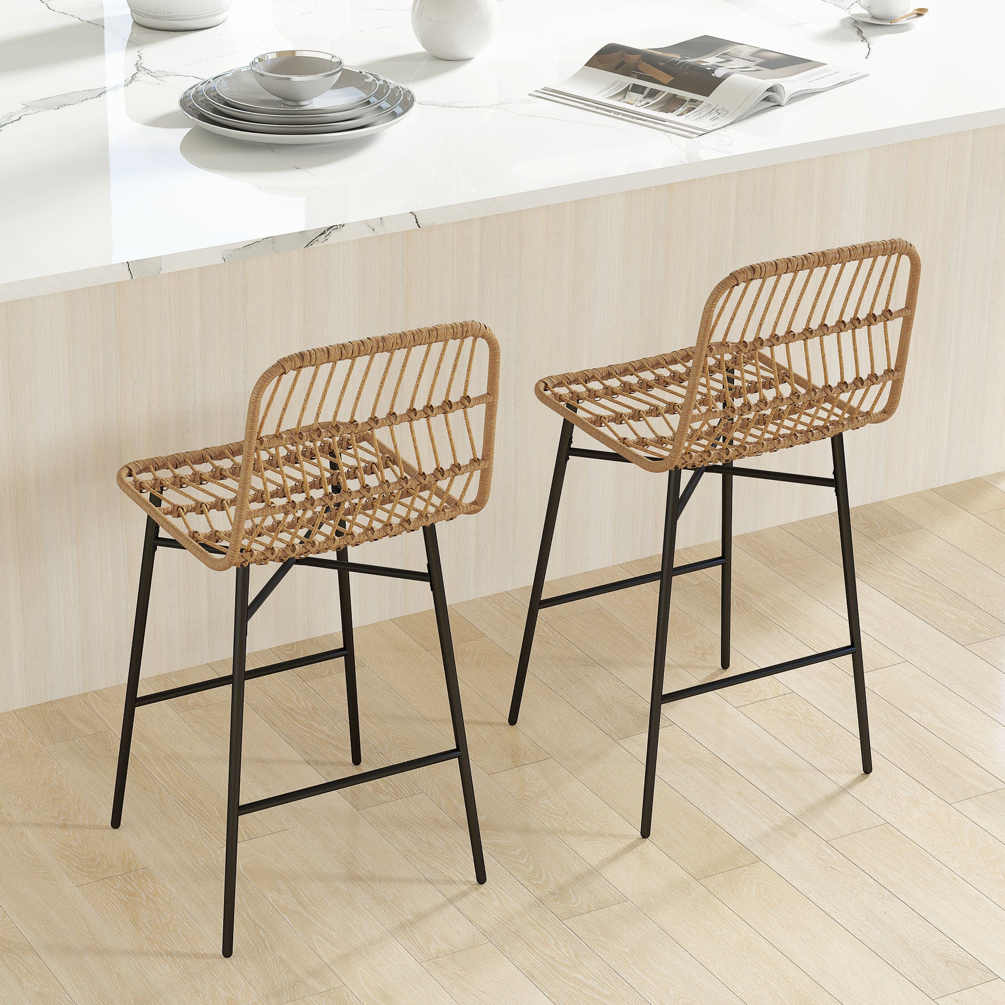 Rattan Counter Height Bar Stools Set of 2, 26" Counter Stools with Back, Modern Bar Chairs for Kitchen Island, Brown