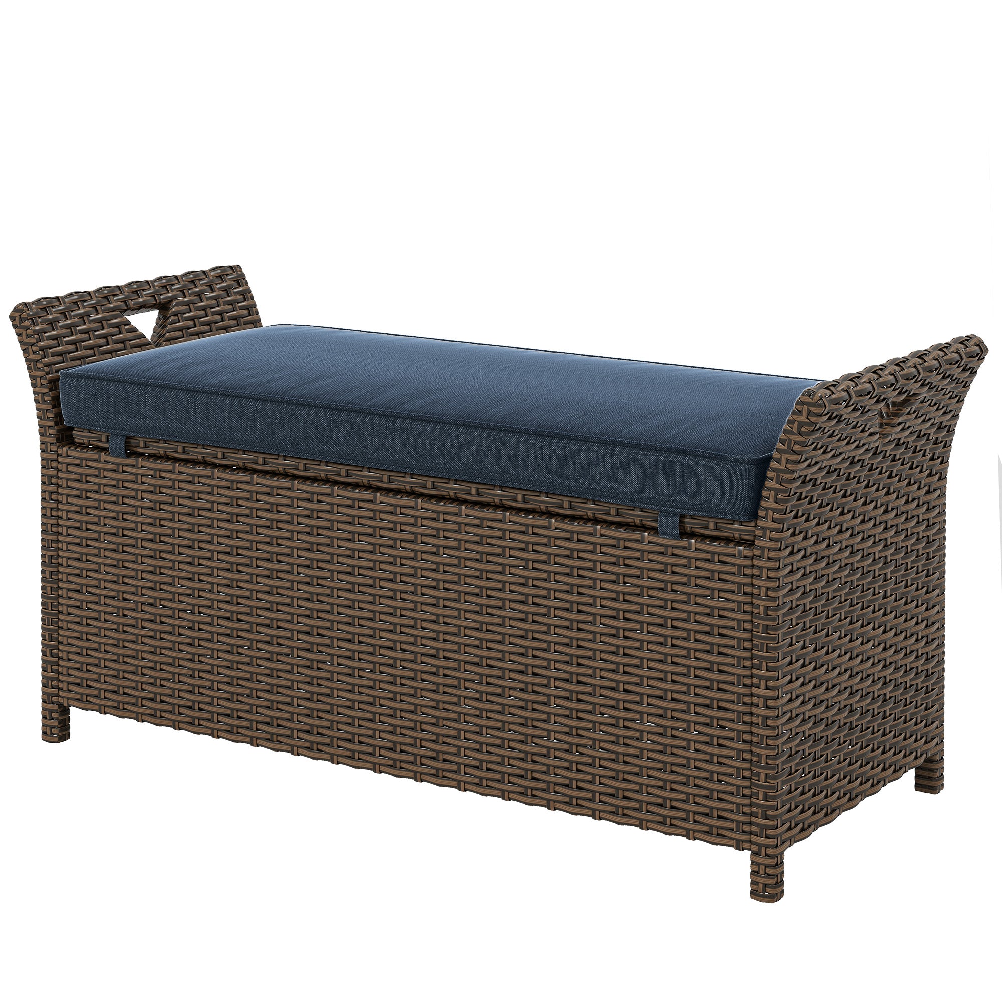 2-In-1 Outdoor Storage Bench, 29 Gallon Wicker Deck Box with Handles and Cushion, Navy Blue