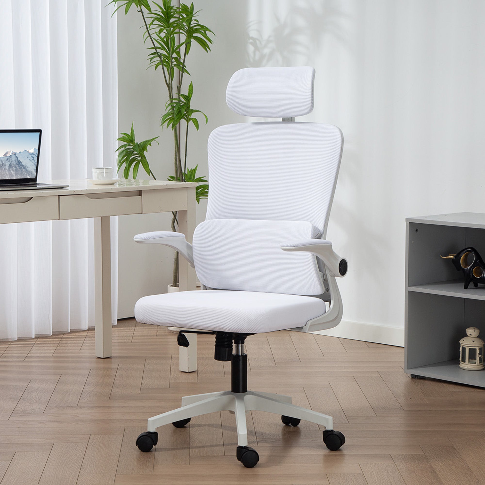 High Back Office Chair, Mesh Computer Chair with Rotatable Headrest, Lumbar Back Support, Adjustable Height, Cream White