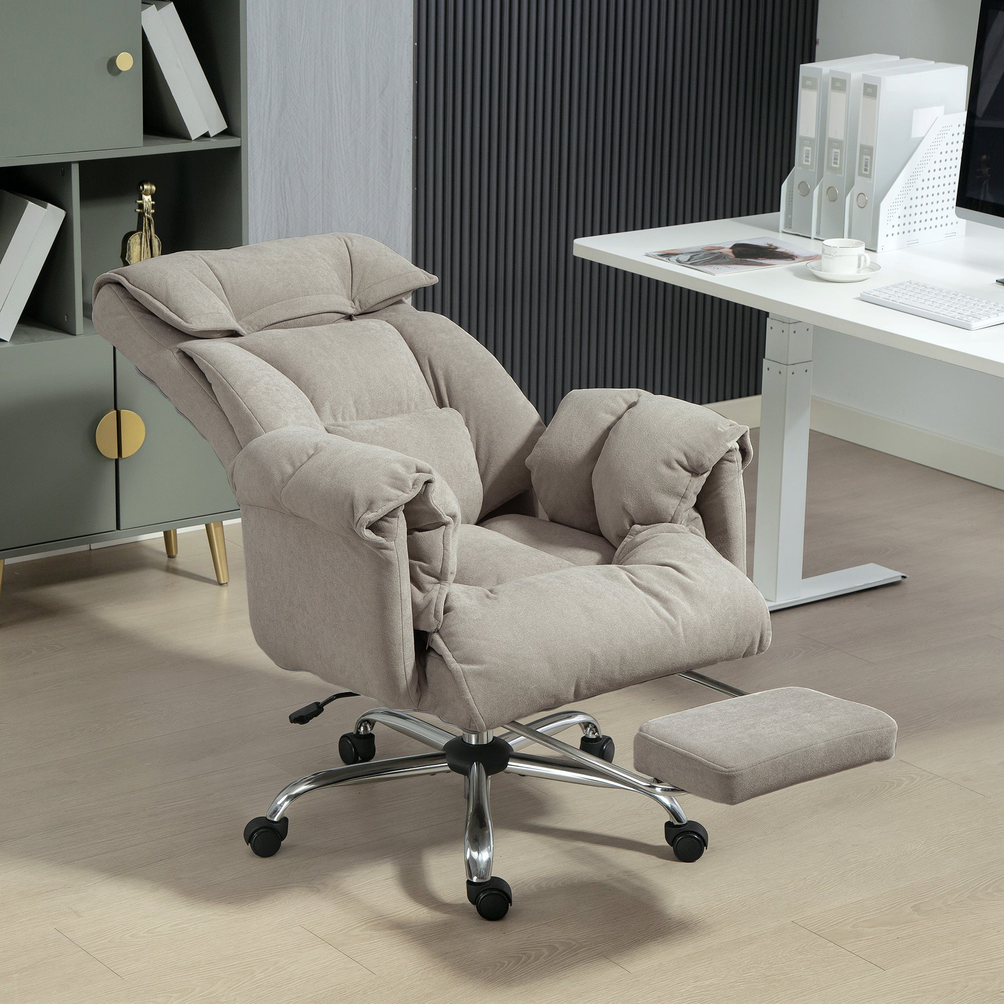 High Back Office Chair, Reclining Desk Chair with Footrest, Swivel Base, Rolling Wheels, Light Grey