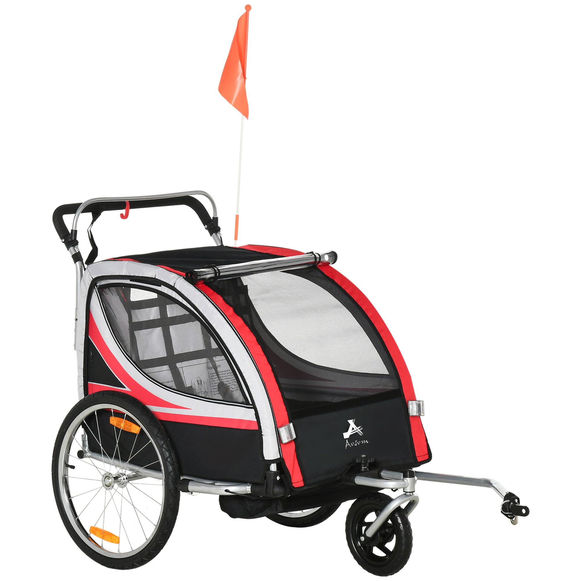 Aosom 2 Seat Bike Trailer for Kids 2-in-1 Double Baby Stroller with Handbrake, Rubber Wheels, 5 Point Harness, Waterproof Cover, Storage Bag, Reflectors, Red