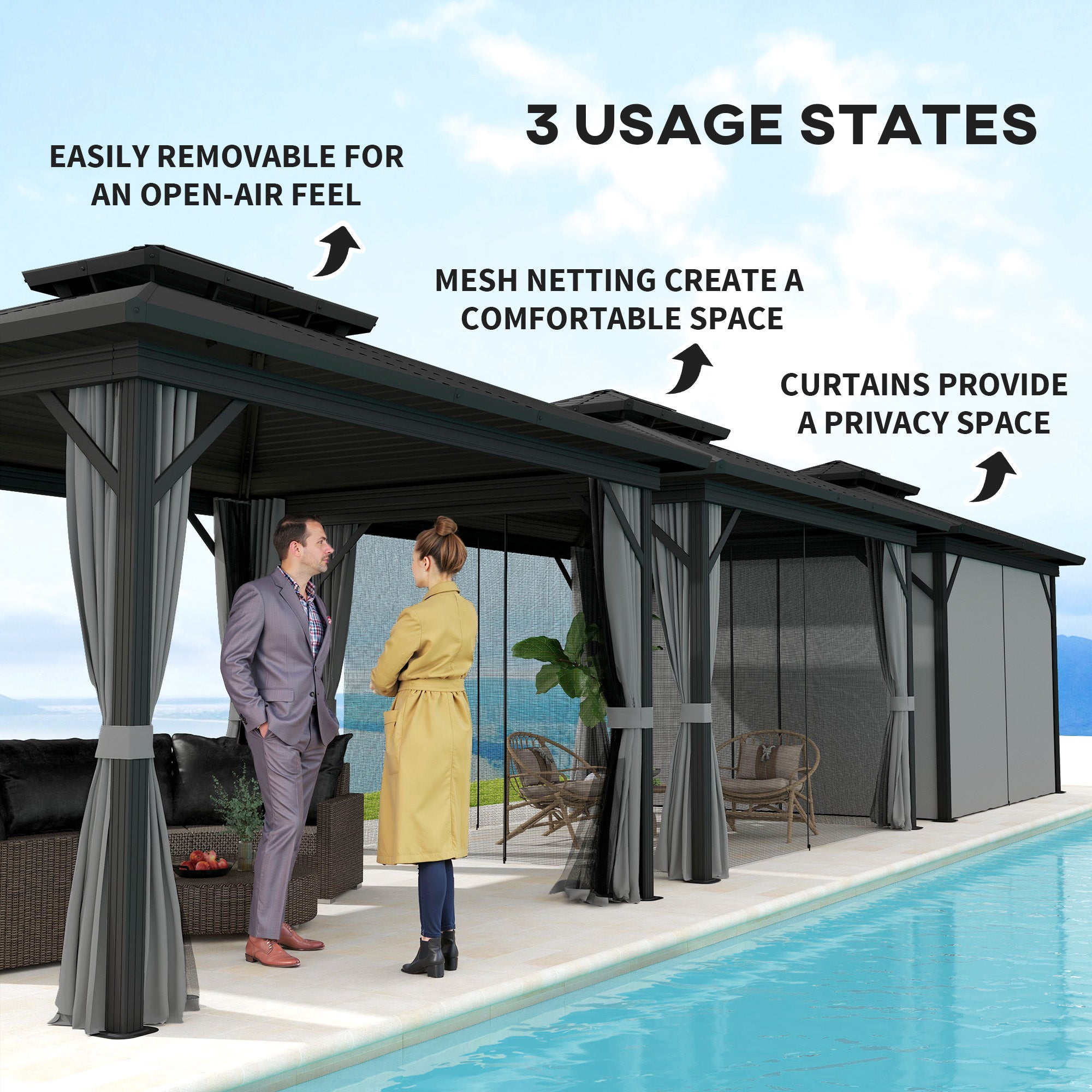 10' x 12' Hardtop Gazebo, Sun Shelter with Double Tier Metal Roof, Mosquito Netting, and Hanging Hook, Light Grey