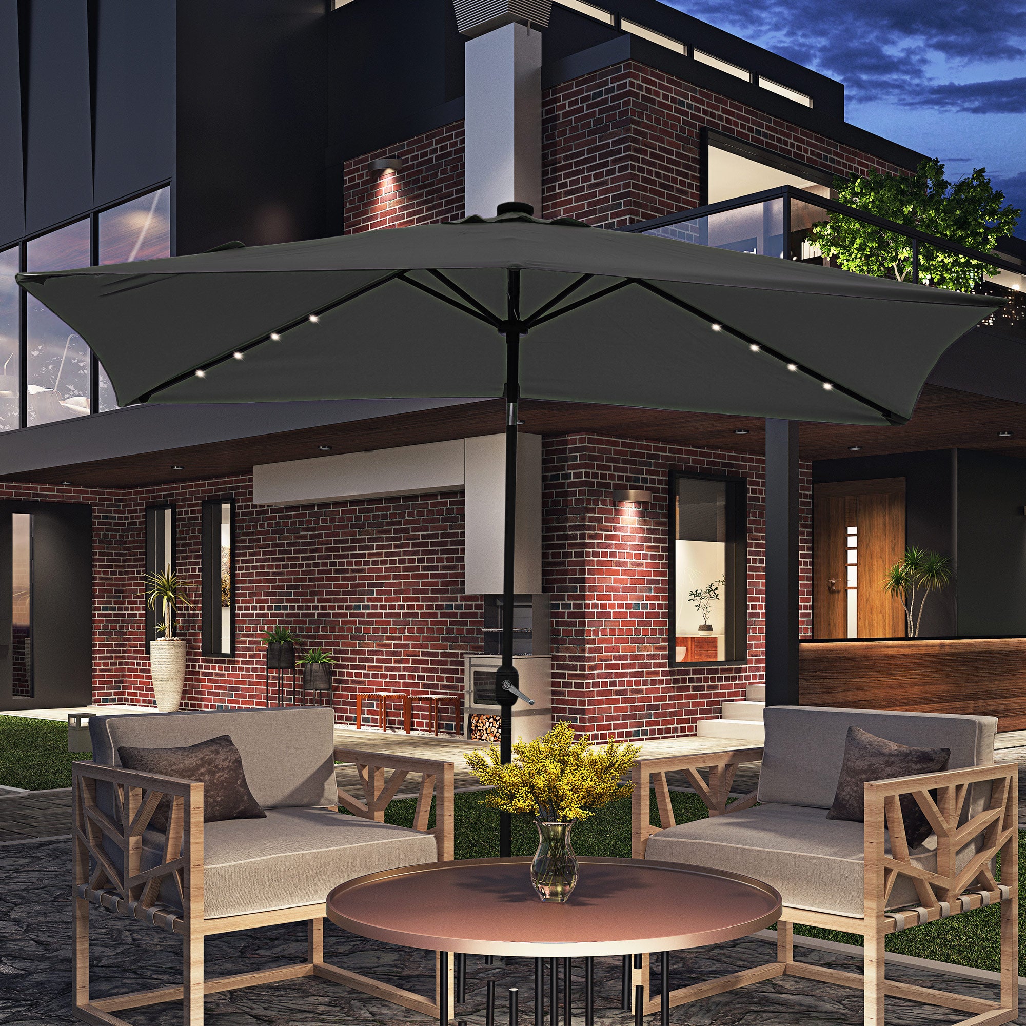 6' x 10' Patio Umbrella with 22 LED Solar Lights and Tilt, Rectangular Outdoor Table Umbrella with Crank, Dark Grey