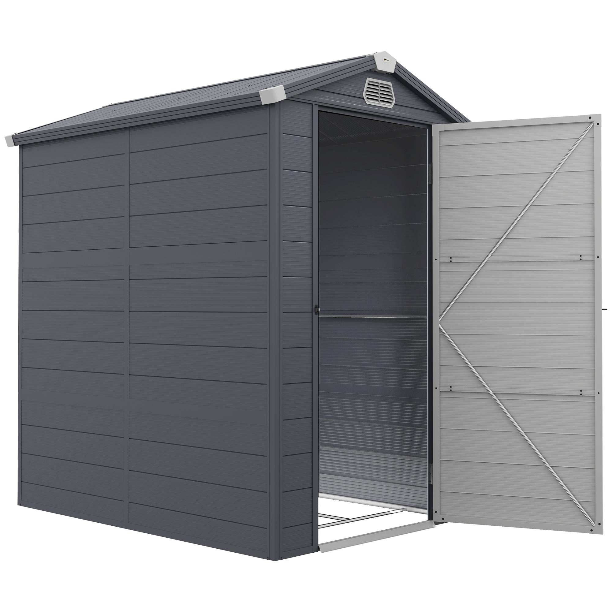 4.5' x 6' Plastic Garden Storage Shed with Latch Door, Vents, Sloped Roof, Dark Grey