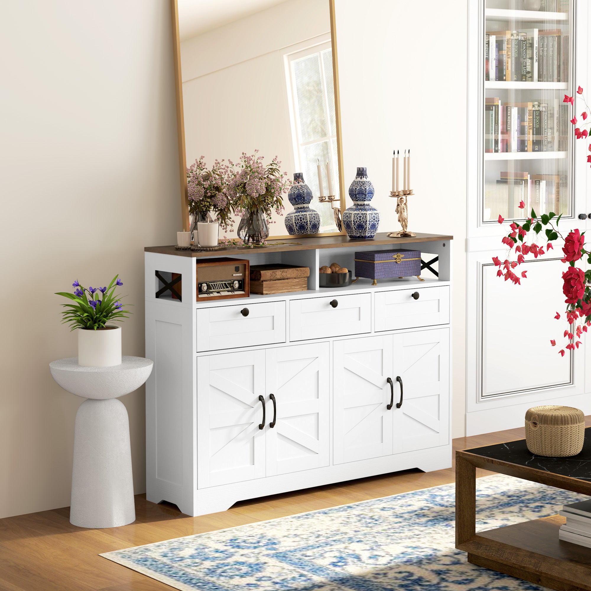 Sideboard, Buffet Cabinet with 4 Barn Doors and 3 Drawers, Coffee Bar Cabinet with Adjustable Shelves, White