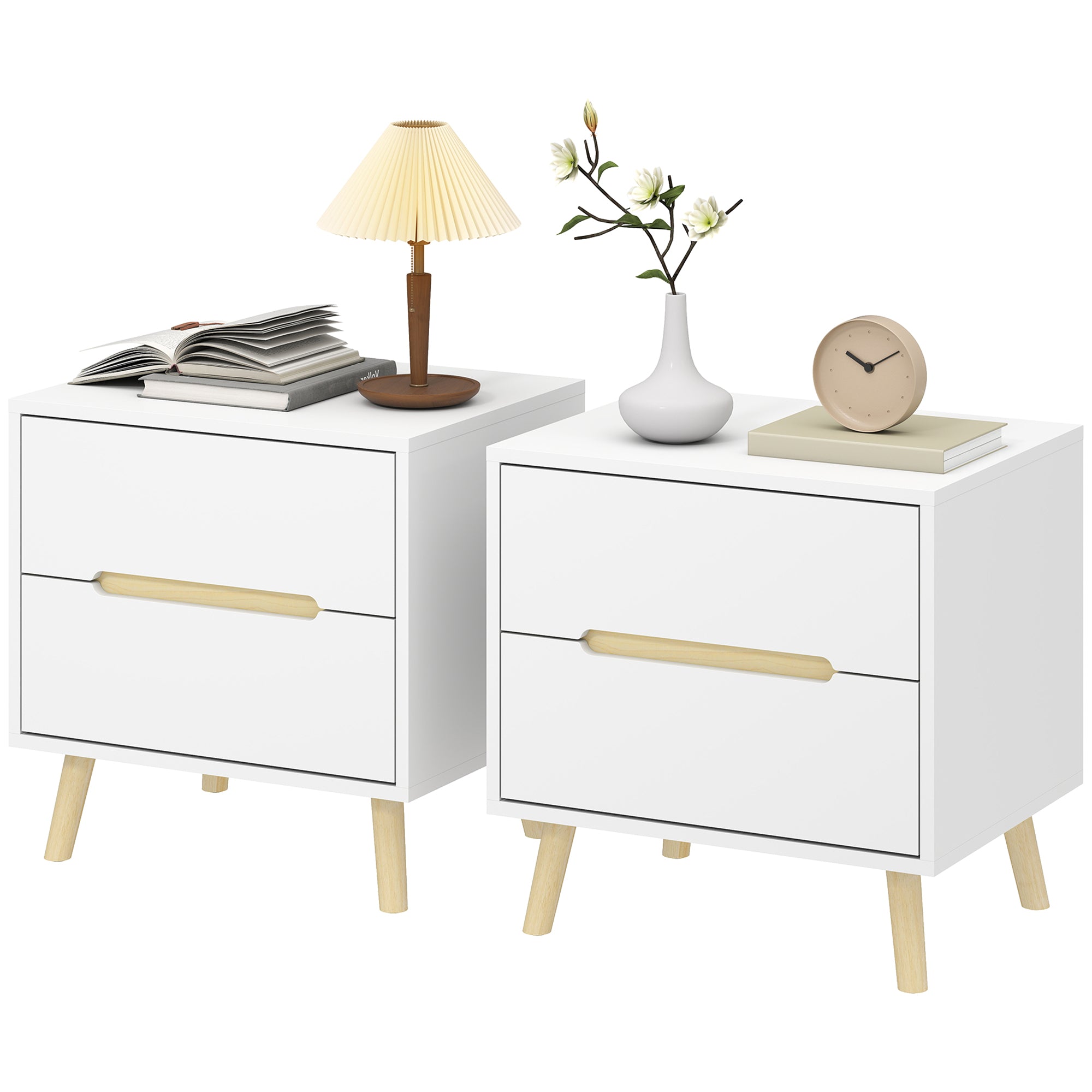 Nightstands Set of 2, Bedside Table with 2 Drawers, Modern Side End Table with Solid  Wood Legs for Bedroom, White