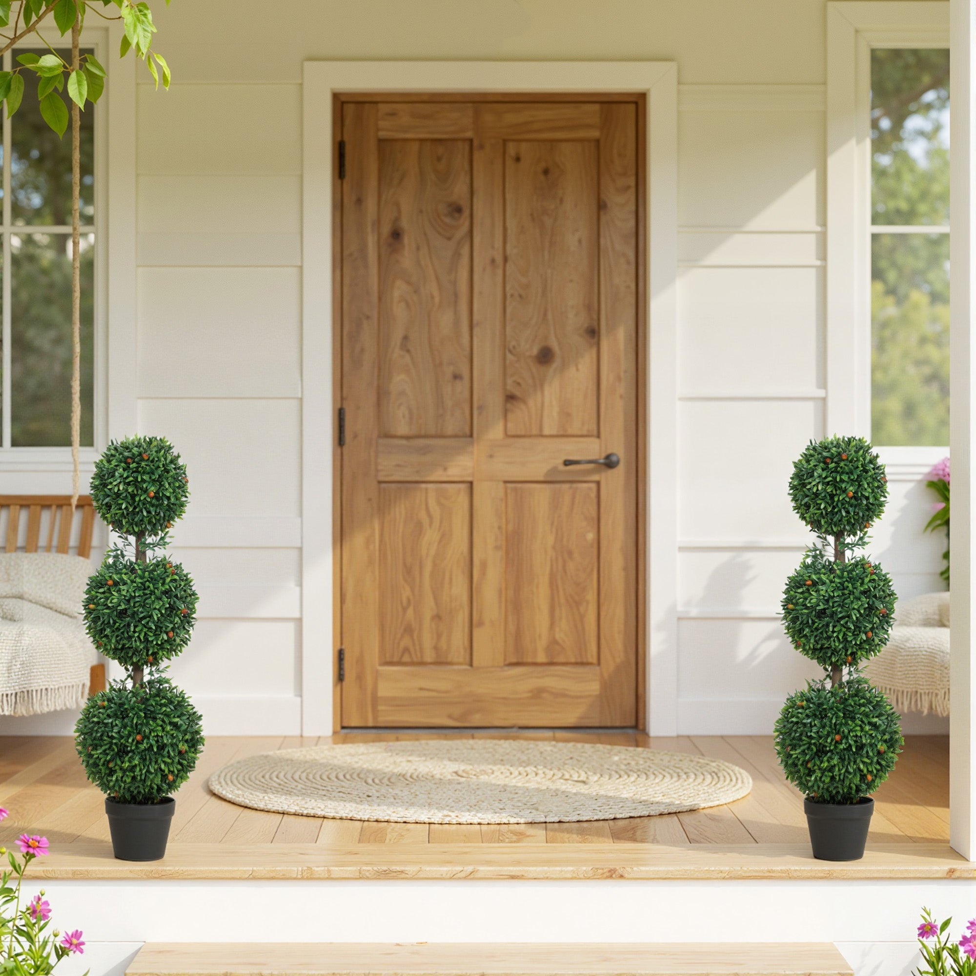 3.3FT Artificial Boxwood Topiary Tree Set of 2, Faux Three Ball Topiary Tree in Pot for Indoor Outdoor Decor, Green