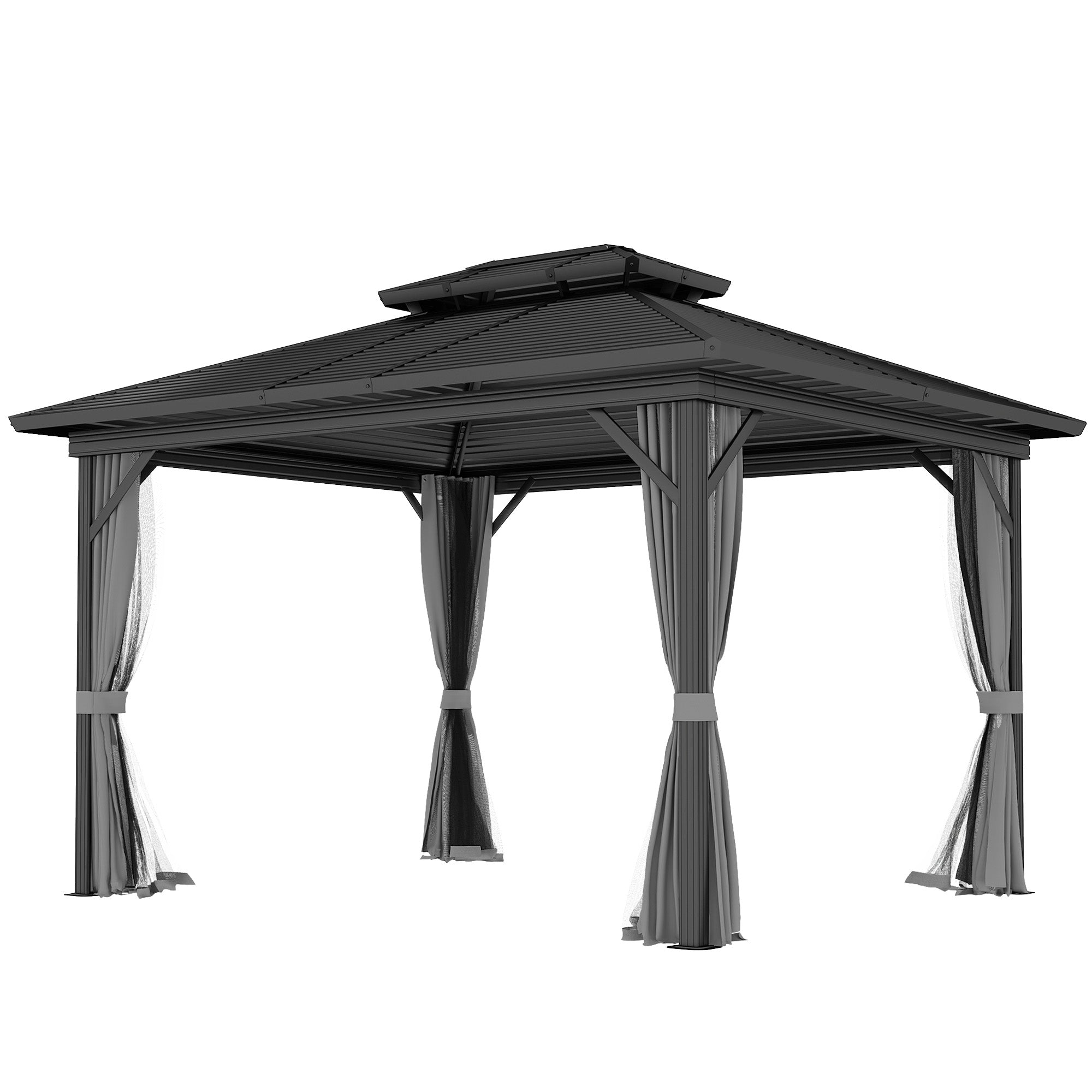 10' x 12' Hardtop Gazebo, Sun Shelter with Double Tier Metal Roof, Mosquito Netting, and Hanging Hook, Light Grey