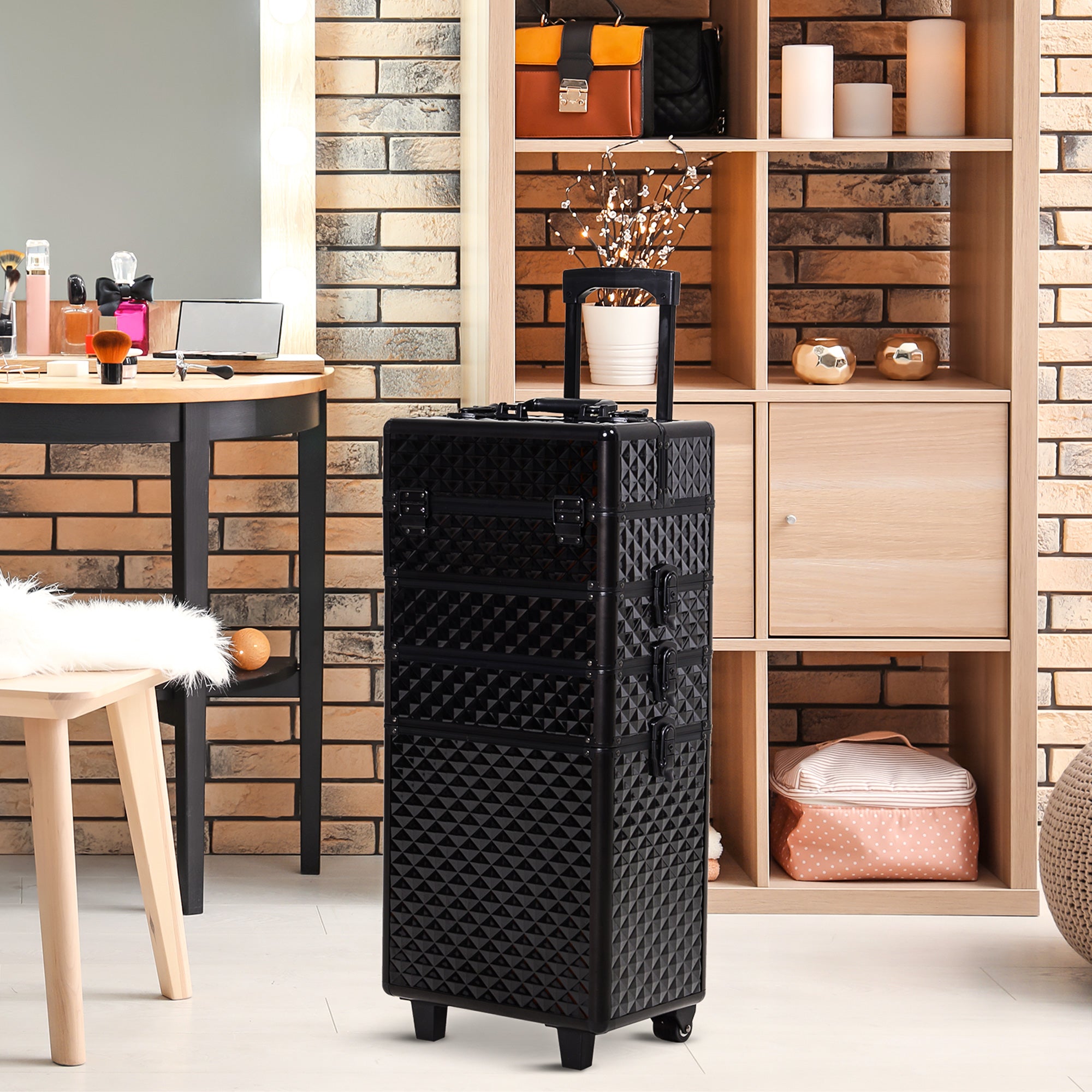 4 in 1 Portable Aluminum Makeup Case Train Cases, Rolling Makeup Case with 2 Wheels, Multiple Compartments and Lift Handle