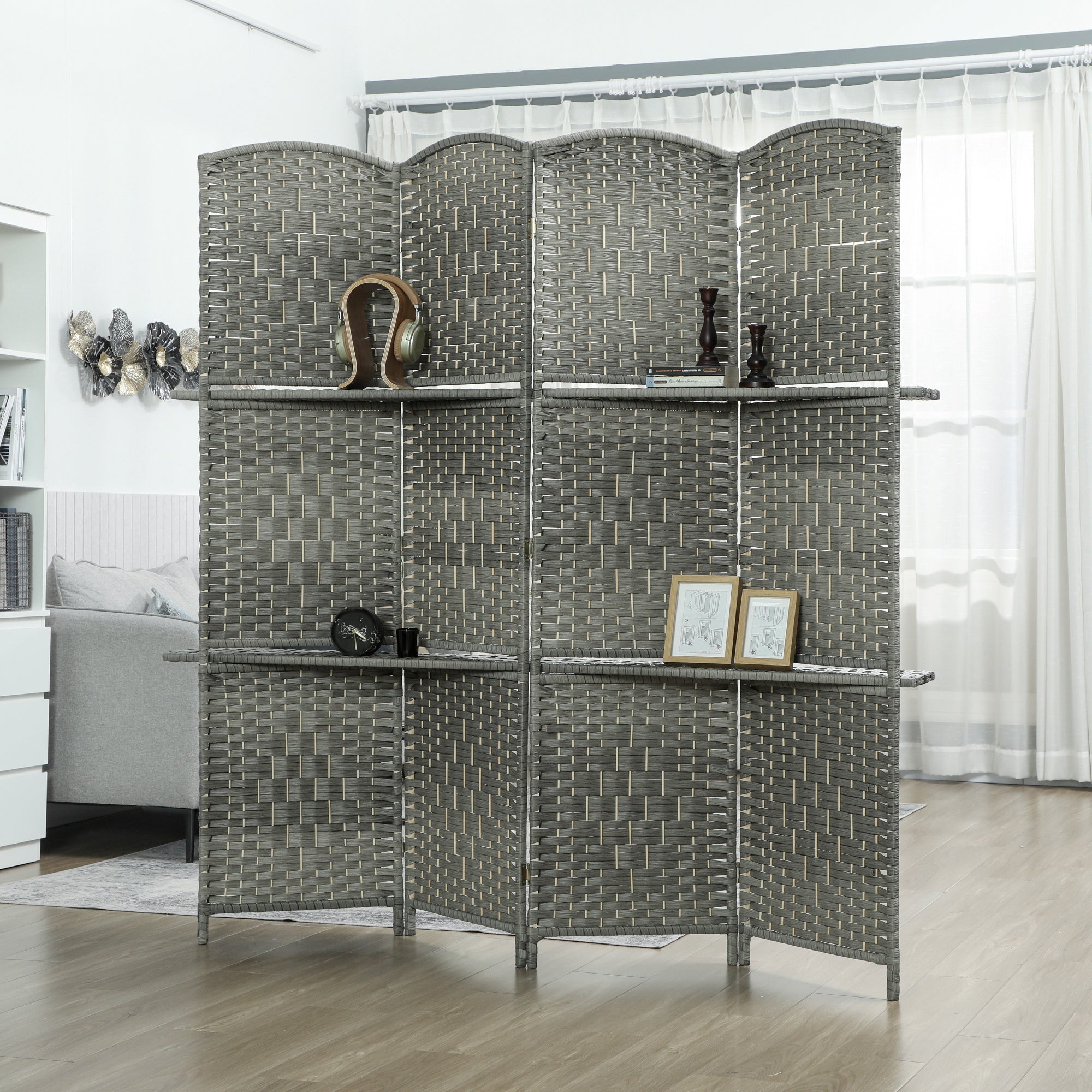 6 FT Privacy Screen, 4 Panel Room Divider with Shelves for Living Room Bedroom Home Office, Grey