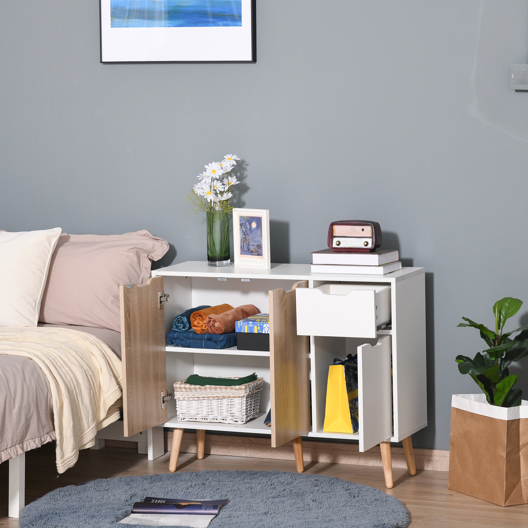 35" Sideboard Storage Cabinet with Drawer, White and Nature Wood