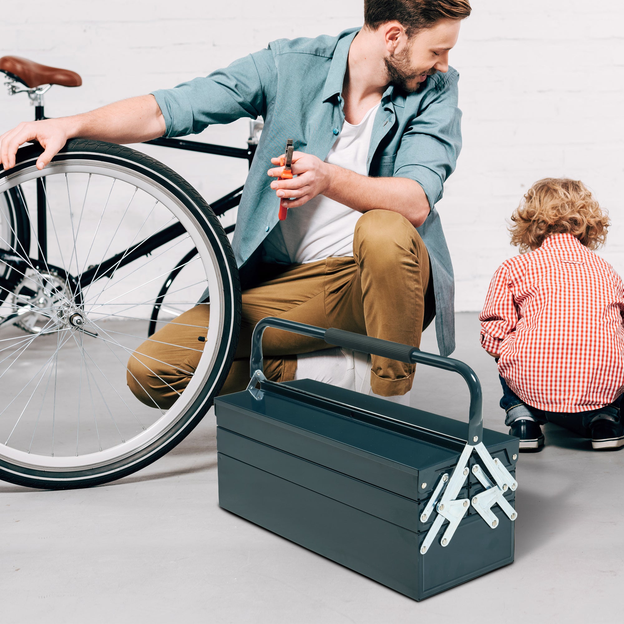 22" Metal Tool Box, Portable 5-Tray Cantilever Steel Tool Chest Cabinet for Garage and Warehouse, Dark Green