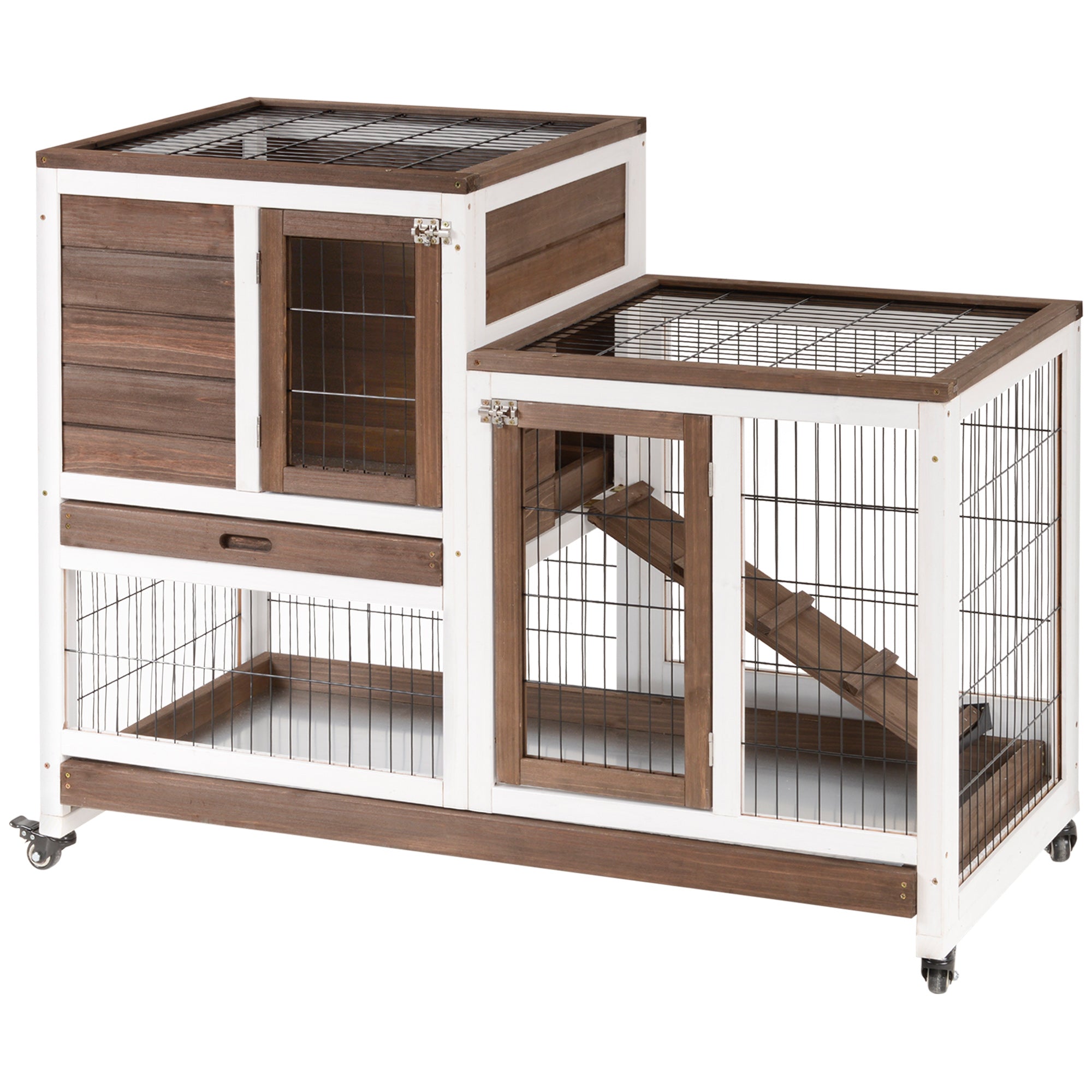 Wooden Rabbit Hutch, Indoor Bunny Cage with Wheels, Pull Out Trays, Run, Brown