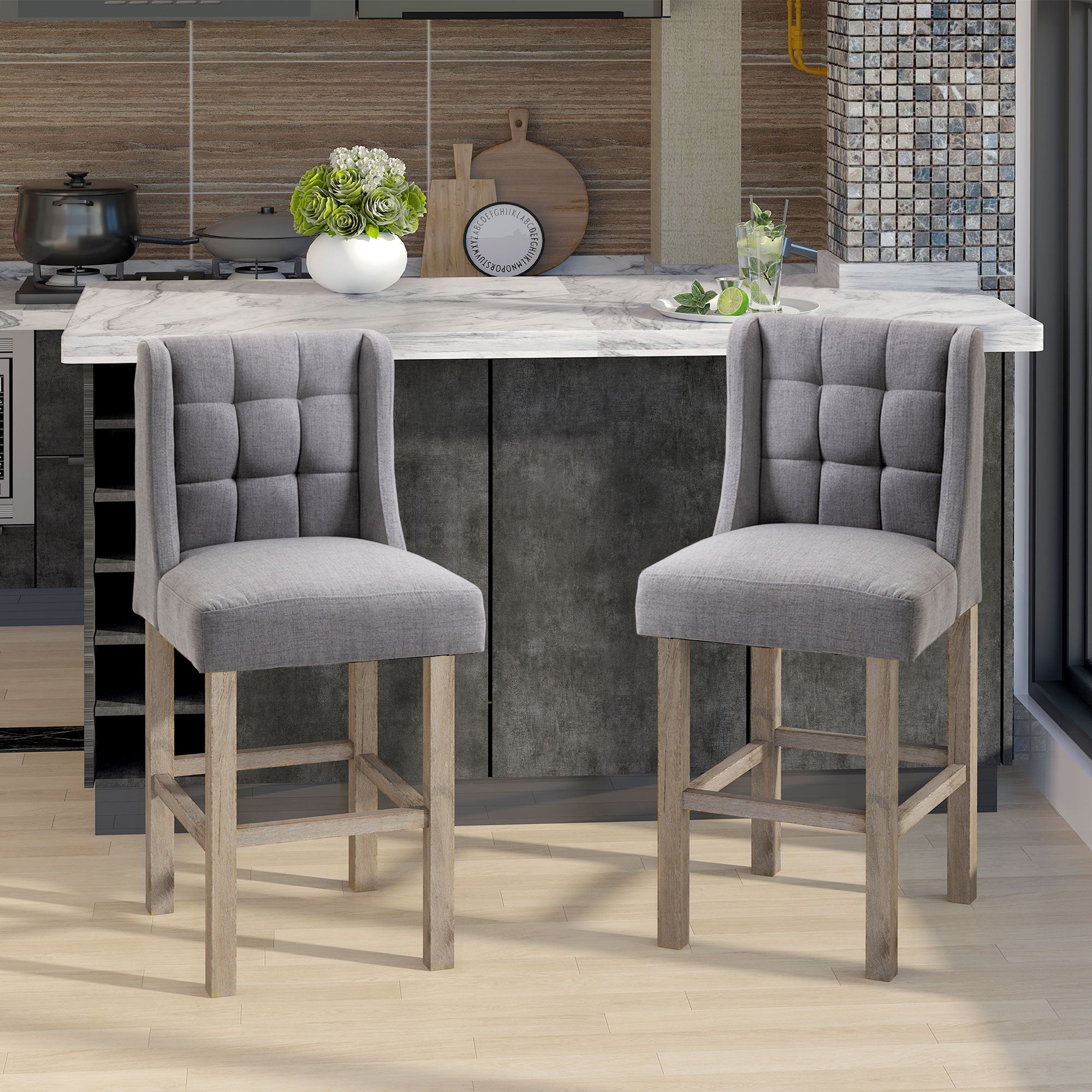 Modern Counter Bar Stools Tufted Upholstered Counter Chairs Set of 2 for Kitchen, Grey