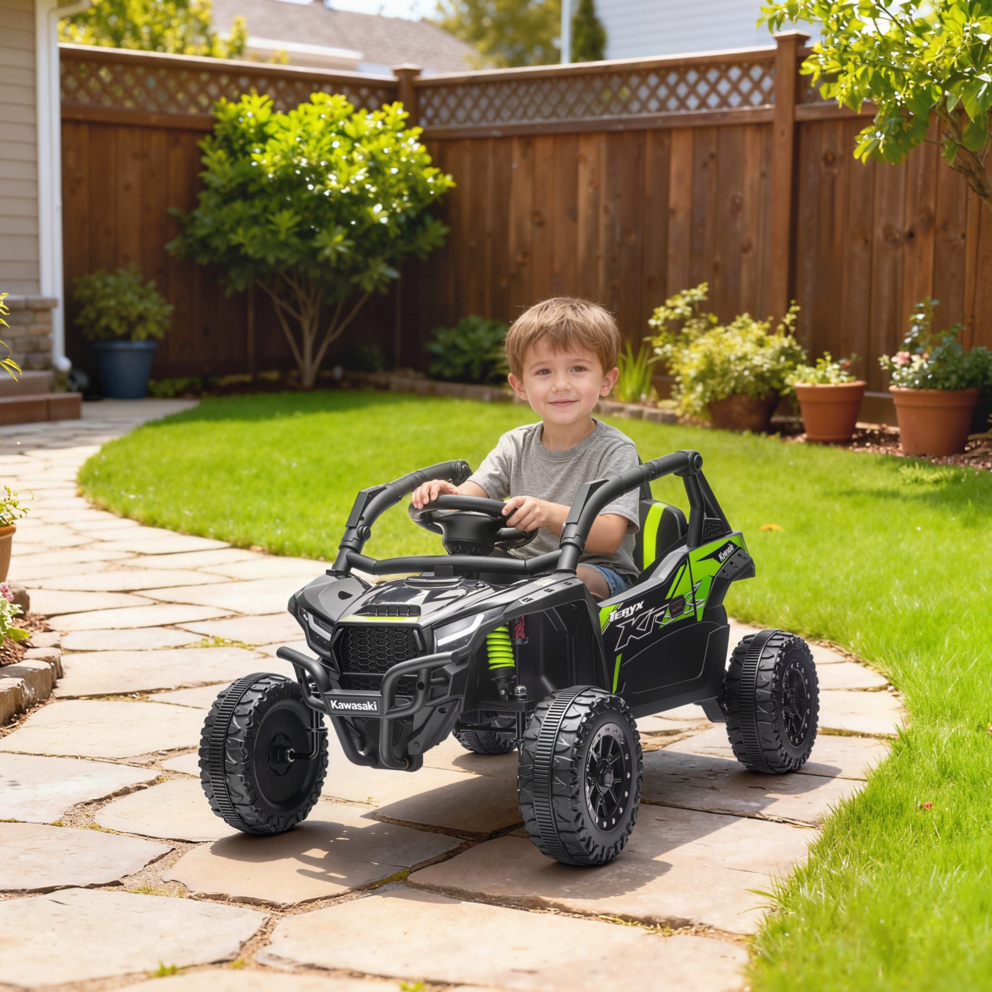 Qaba 12V Ride on Truck, Licensed KAWASAKI TERYX KRX 2WD Kids Electric Car with Rear Suspension for 3-8 Years, Black