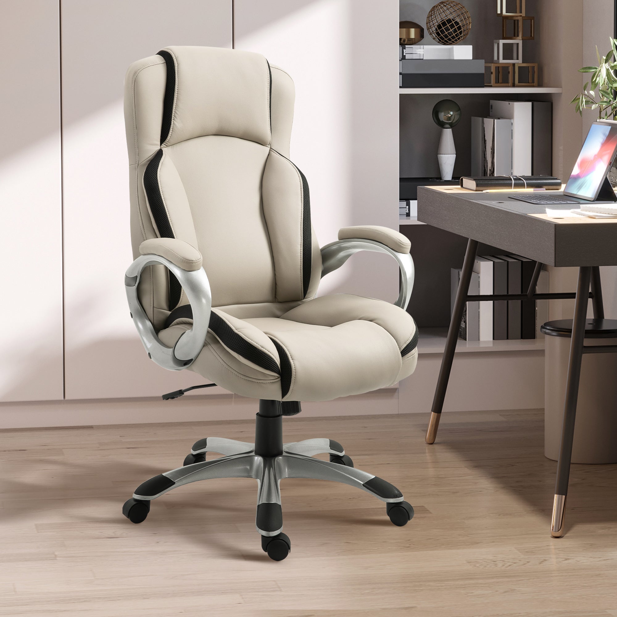 Ergonomic Office Chair PU Leather Executive on Rolling Wheels Task Computer Height Adjustable Swivel Ergonomic, Greige and Black