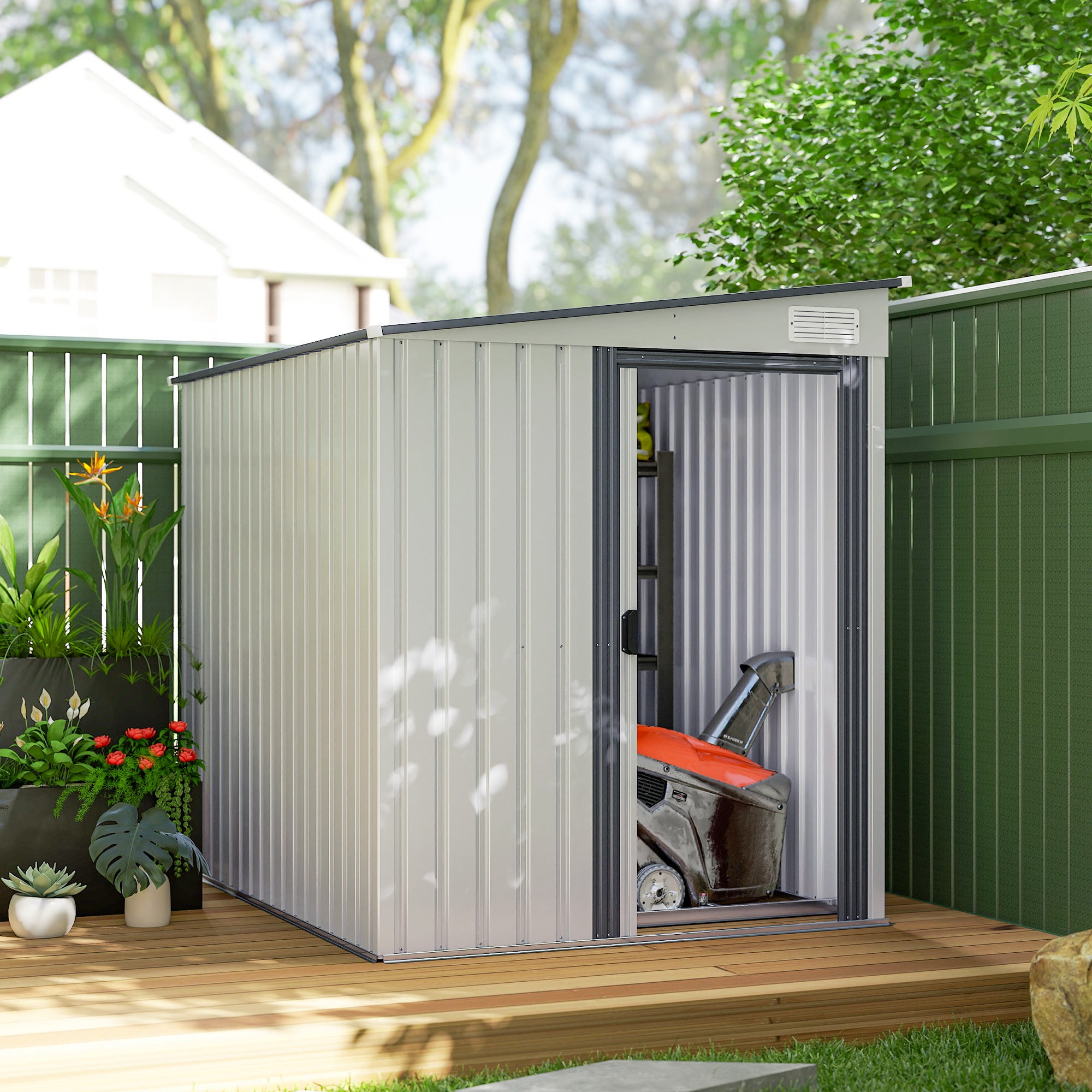5x7 Garden Shed, Lean-to Metal Storage with Foundation, Sliding Door & 2 Vents for Garden Tools, White
