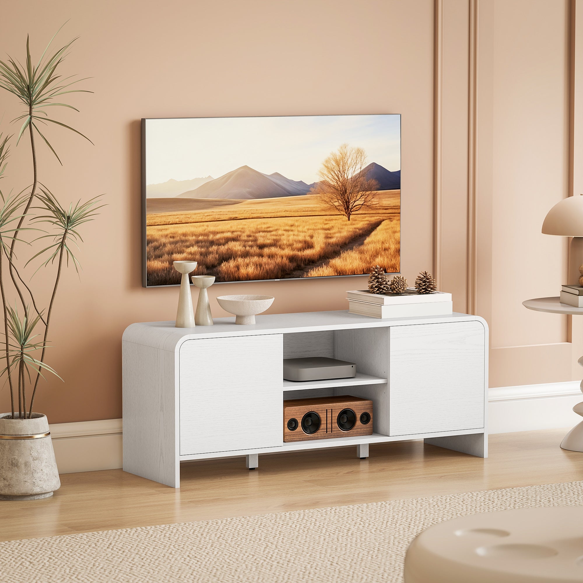 TV Stand for up to 55 Inch TV, Nordic Entertainment Center with 2 Cabinets and 2 Open Shelves for Living Room, White