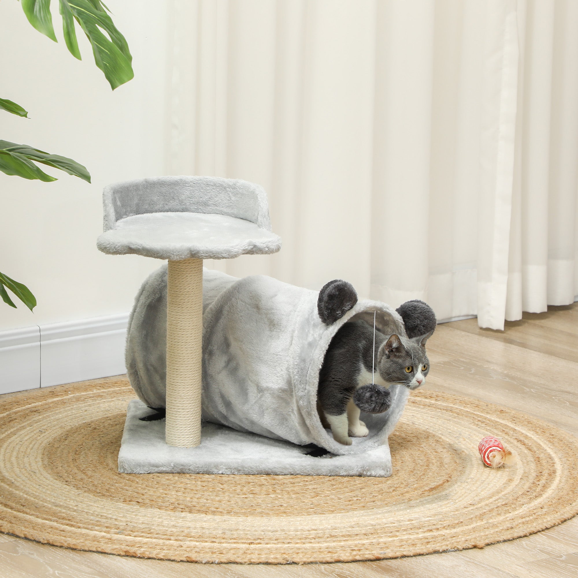 18.5" Small Cat Tree, Compact Cat Tower with Tunnel, Scratching Post, Plush Bed, Dangling Ball, for Indoor Use, Grey