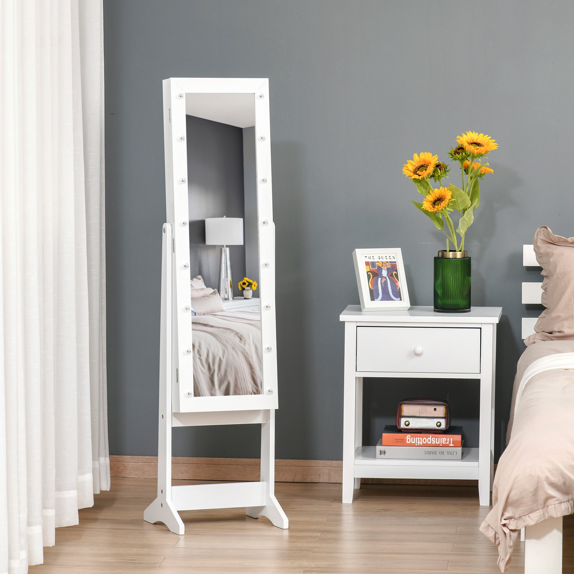 Free Standing Armoire Organizer, Lighted Mirrored Jewelry Cabinet w/ Angle Adjustable & 16 LED Lights Warm White