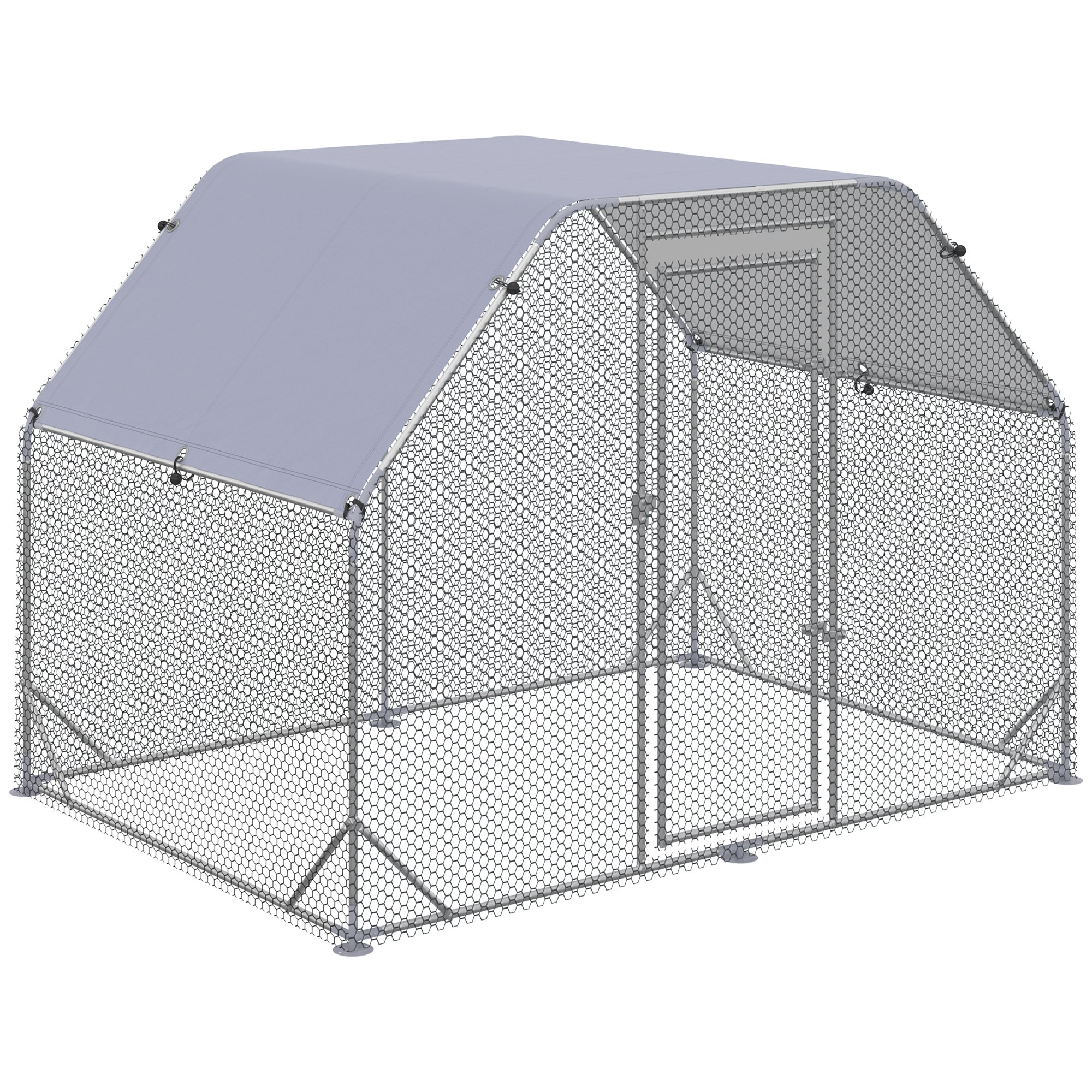 Chicken Run, Galvanized Large Metal Chicken Coop Cage, Walk-in Enclosure Poultry Hen Run House Playpen Rabbit Hutch with Flat Roof, Cover, 9.2' x 6.2' x 6.5', Silver