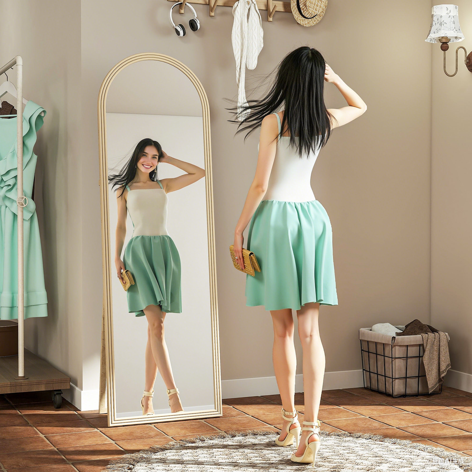 64" x 21" Full Length Mirror, Free Standing, Leaning or Wall, Arched Full Body Mirror with Faux Stone Frame, Beige