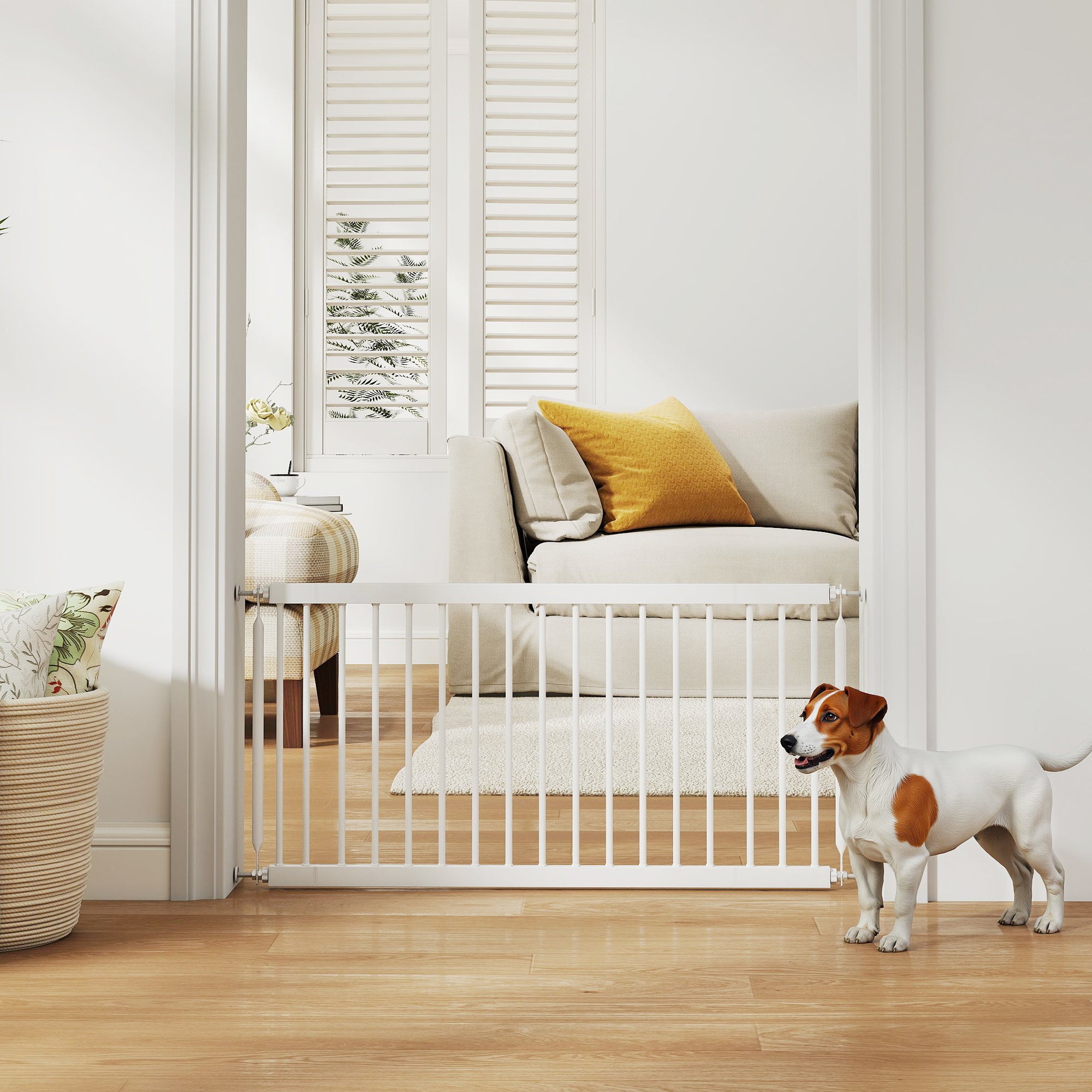 26"-37" Dog Gate, Adjustable Pet Gate, Fits 18" Tall with 2 Extension, Pressure Mount Kit for Stairs and Doorways, White
