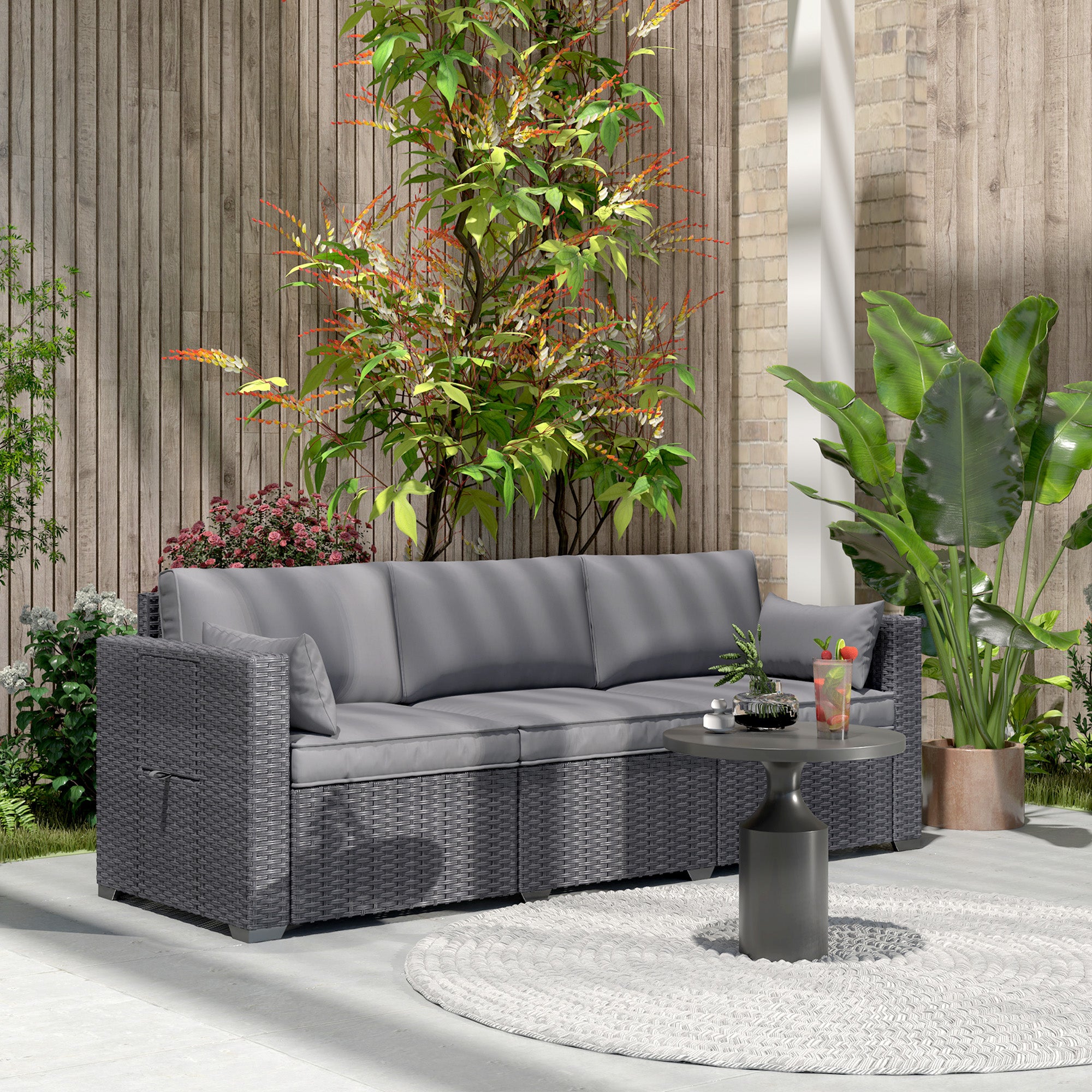 3 Seater Wicker Patio Sofa with Side Trays, Outdoor Couch with 6" Thick Back Cushions, Deep Seating, Grey