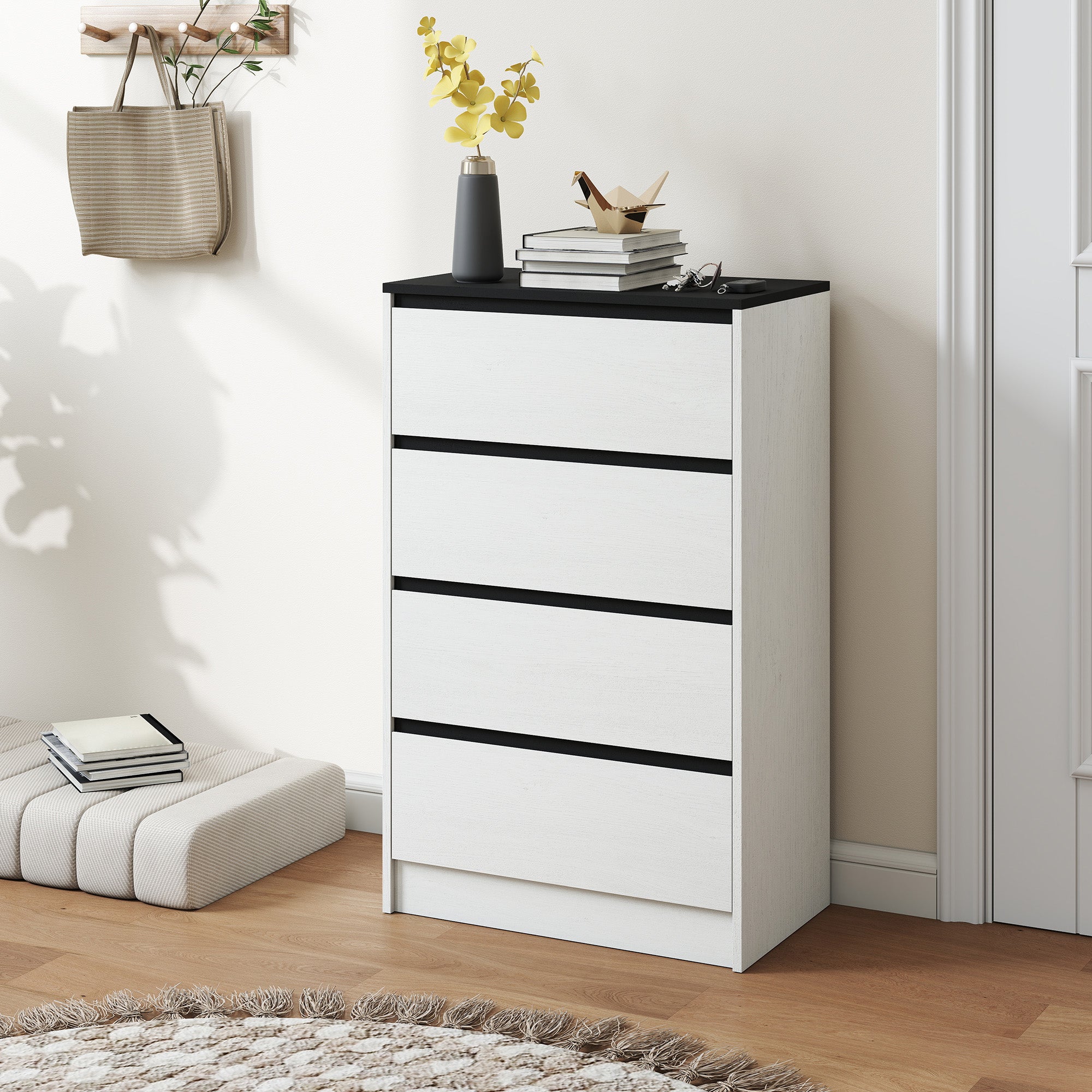 Tall Chest of Drawers, 4 Drawer Dresser for Bedroom, Living Room, Hallway, Modern Storage Cabinet, White Wood Effect