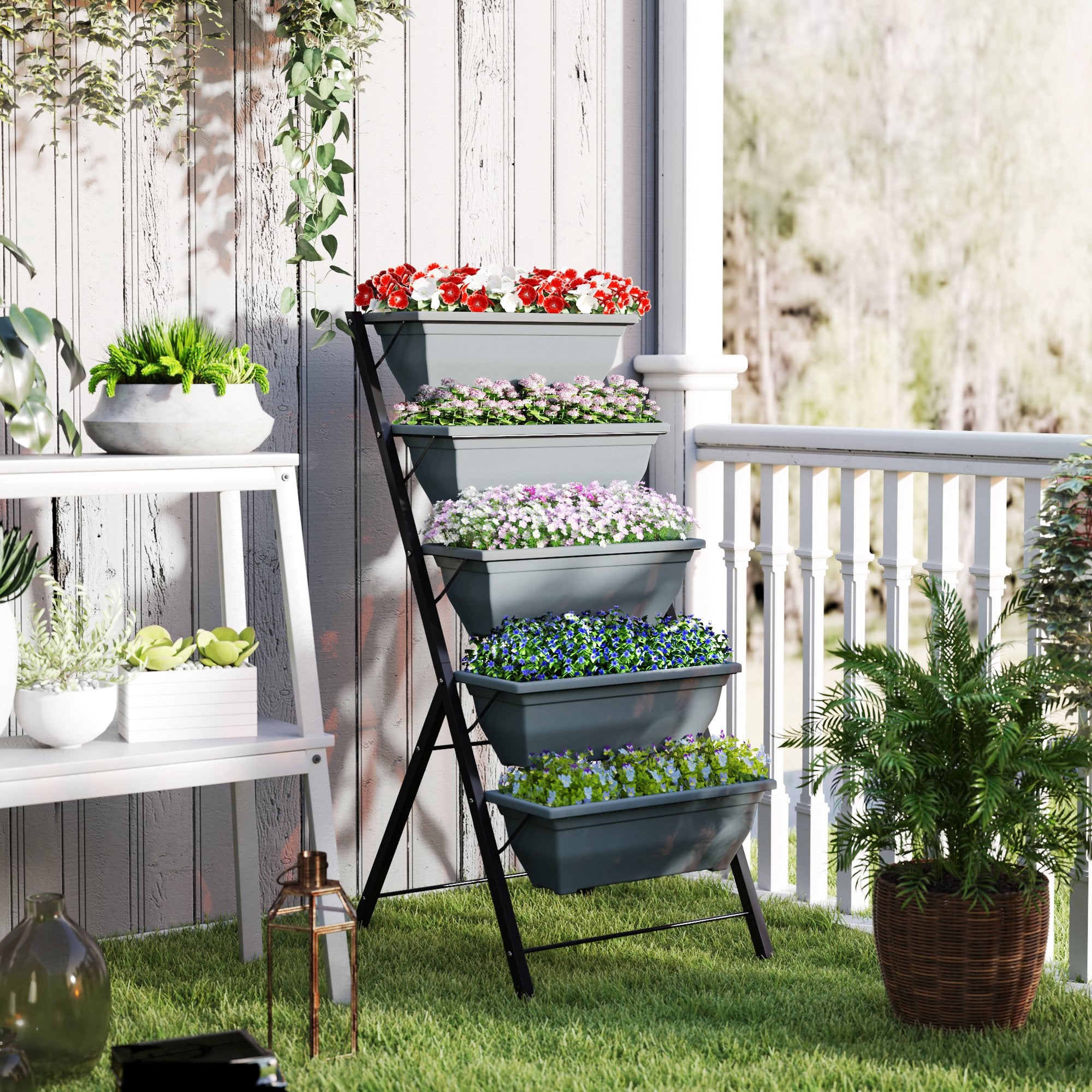 5-Tier Raised Garden Bed Plant Stand Flower Pots with Leaking Holes Grey