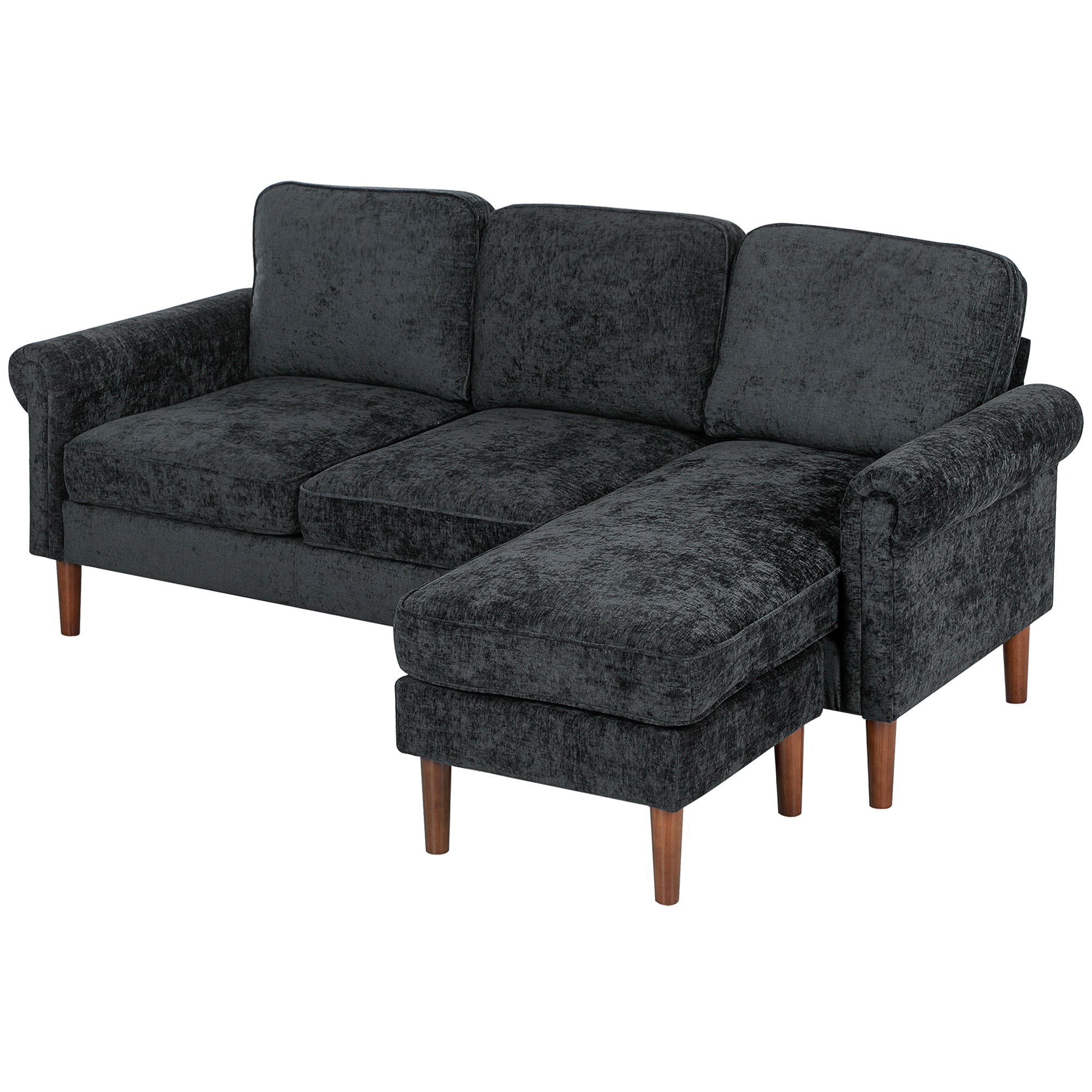 L Shape Sofa, Modern Sectional Couch with Changeable Chaise Lounge, Wooden Legs, Corner Sofa for Living Room, Black