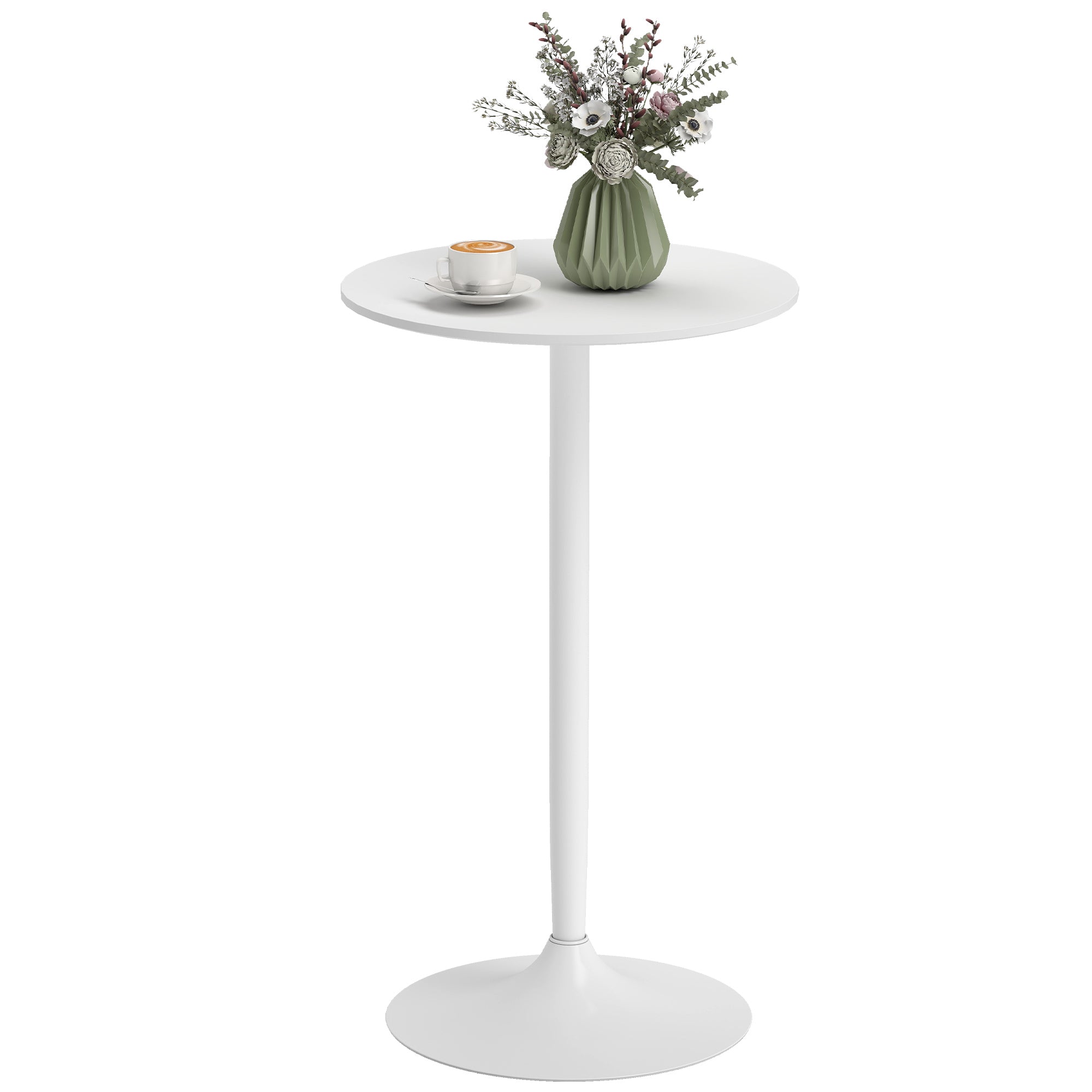 High Top Bar Table, Modern Round Dining Table with Painted Top and Steel Base, Bistro Table for 2 People, White