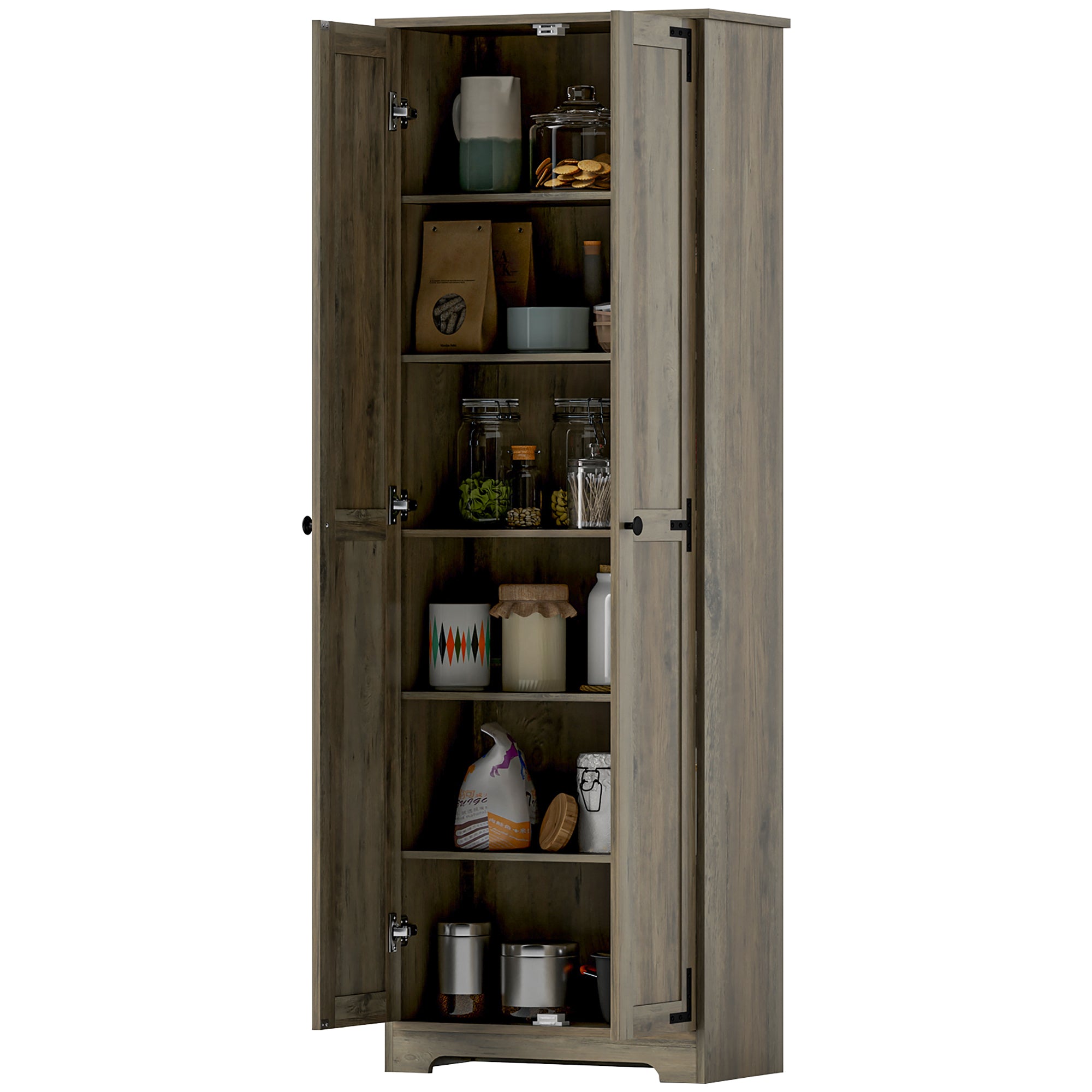 67" Farmhouse Pantry Cabinet with 2 Doors, Tall Storage Cabinet with Adjustable Shelves, Distressed Grey