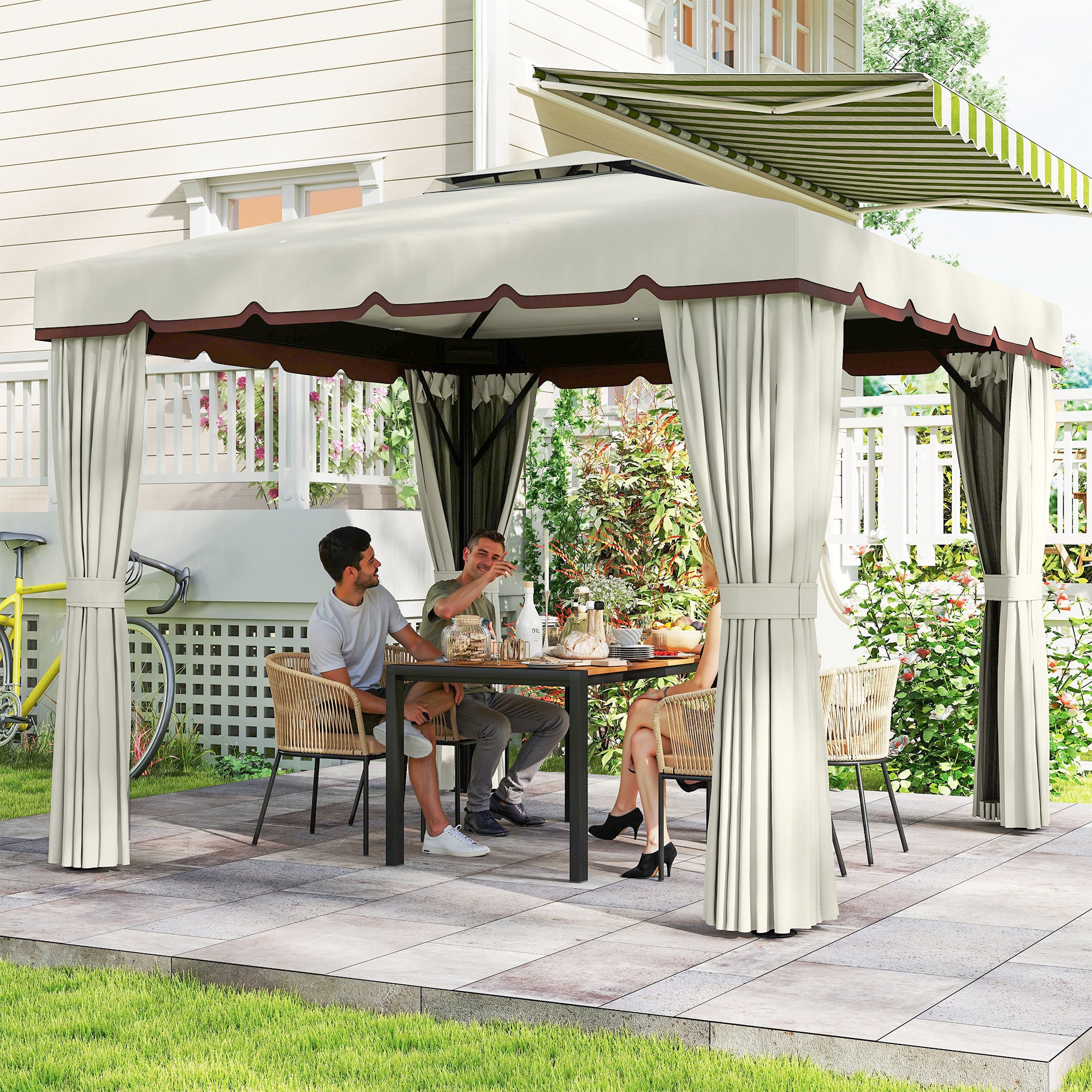10' x 10' Outdoor Patio Gazebo Double Soft-top Garden Shelter Tent with Curtains, & Mesh Screen Drapes, Cream White