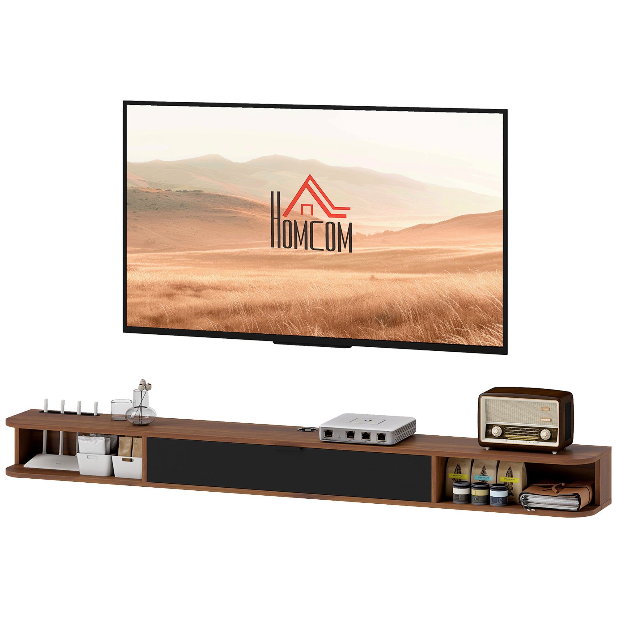 71" Floating TV Stand for TVs up to 75 Inch, Wall Mounted Media Console with Flip Drawer and 2 Open Shelves, Walnut