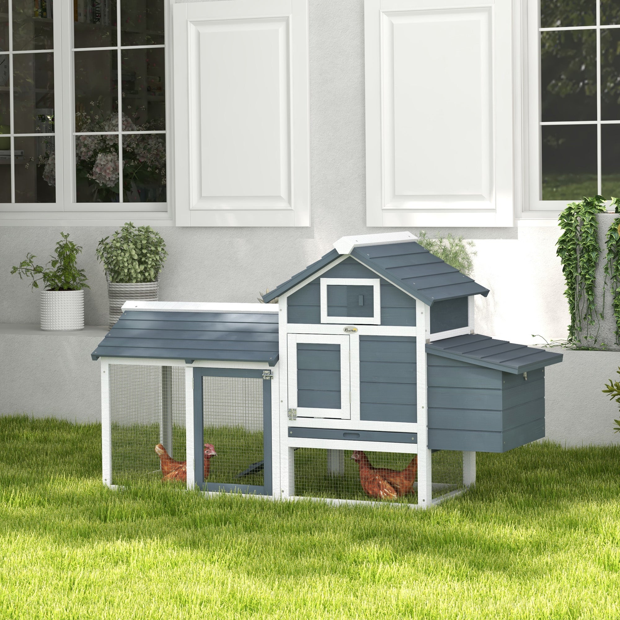 60" Large Chicken Coop Wooden Hen House for Outdoor Backyard with 2 Doors, Nesting Box and Removable Tray, White