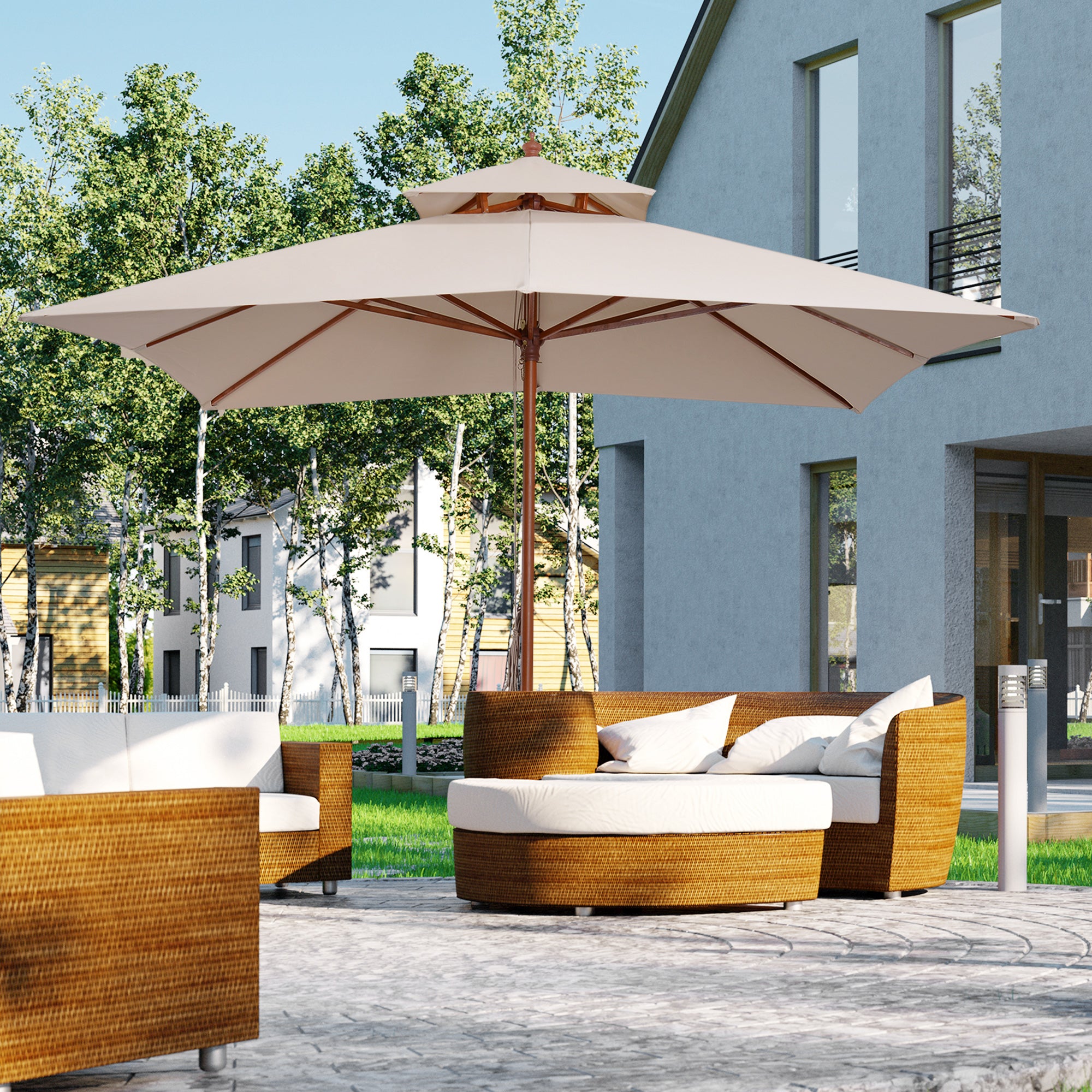 10x10ft Wood Square Patio Umbrella Garden Market Parasol Sunshade Canopy with 2 Pulley Pagoda Style, Khaki