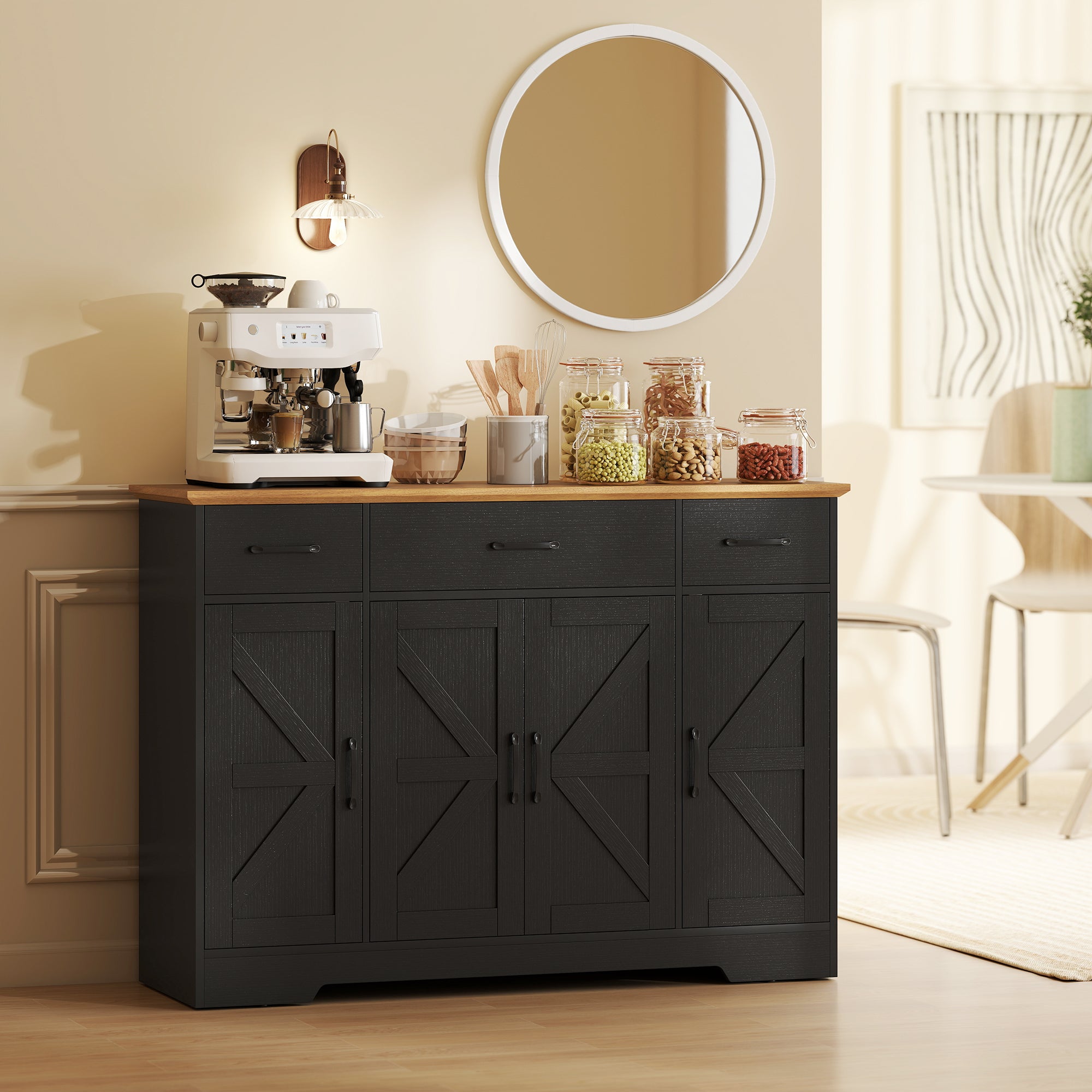 47" Buffet Cabinet with Soft-Close Hinges, Farmhouse Sideboard with 3 Drawers, Adjustable Shelves and Spice Racks, Black