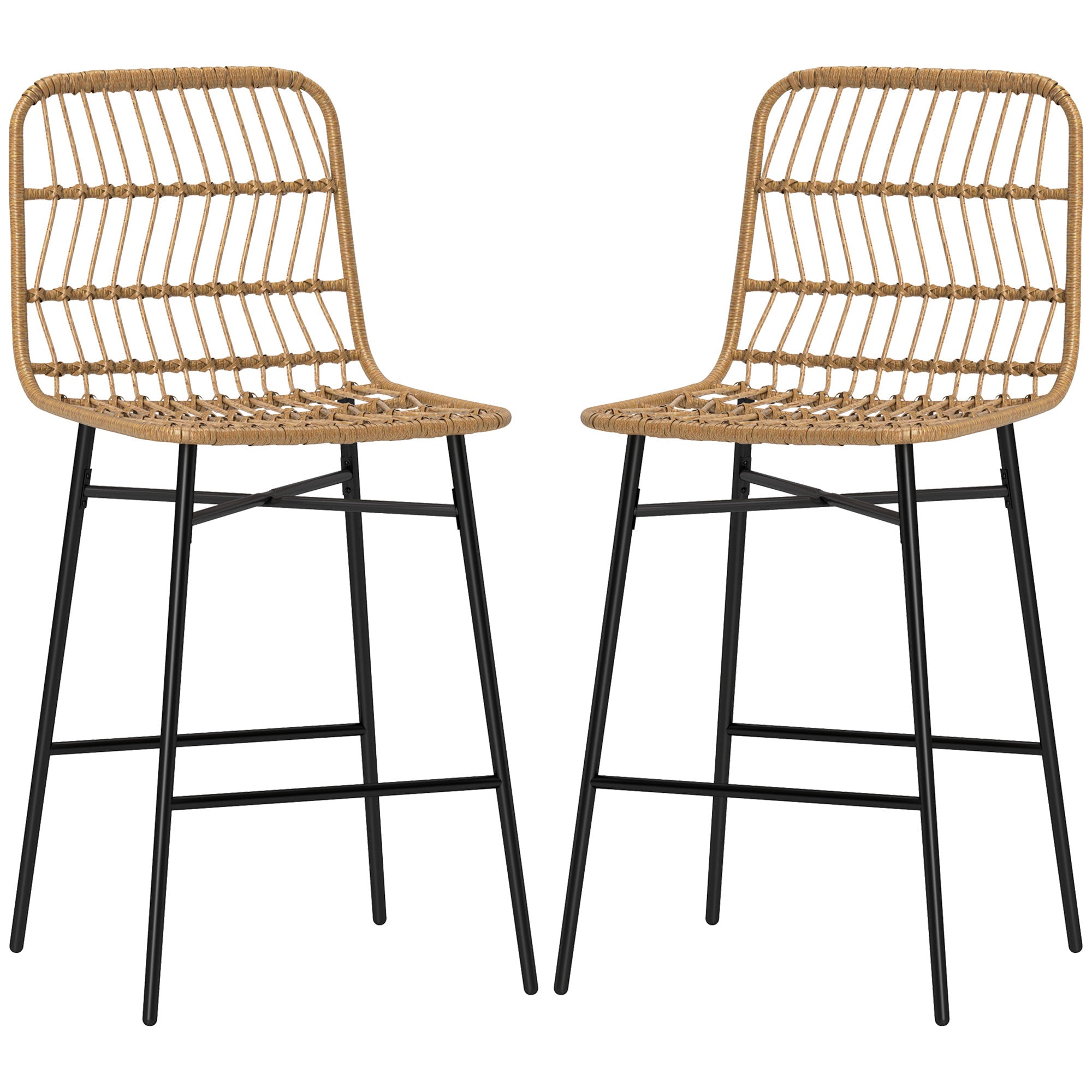 Rattan Counter Height Bar Stools Set of 2, 26" Counter Stools with Back, Modern Bar Chairs for Kitchen Island, Brown