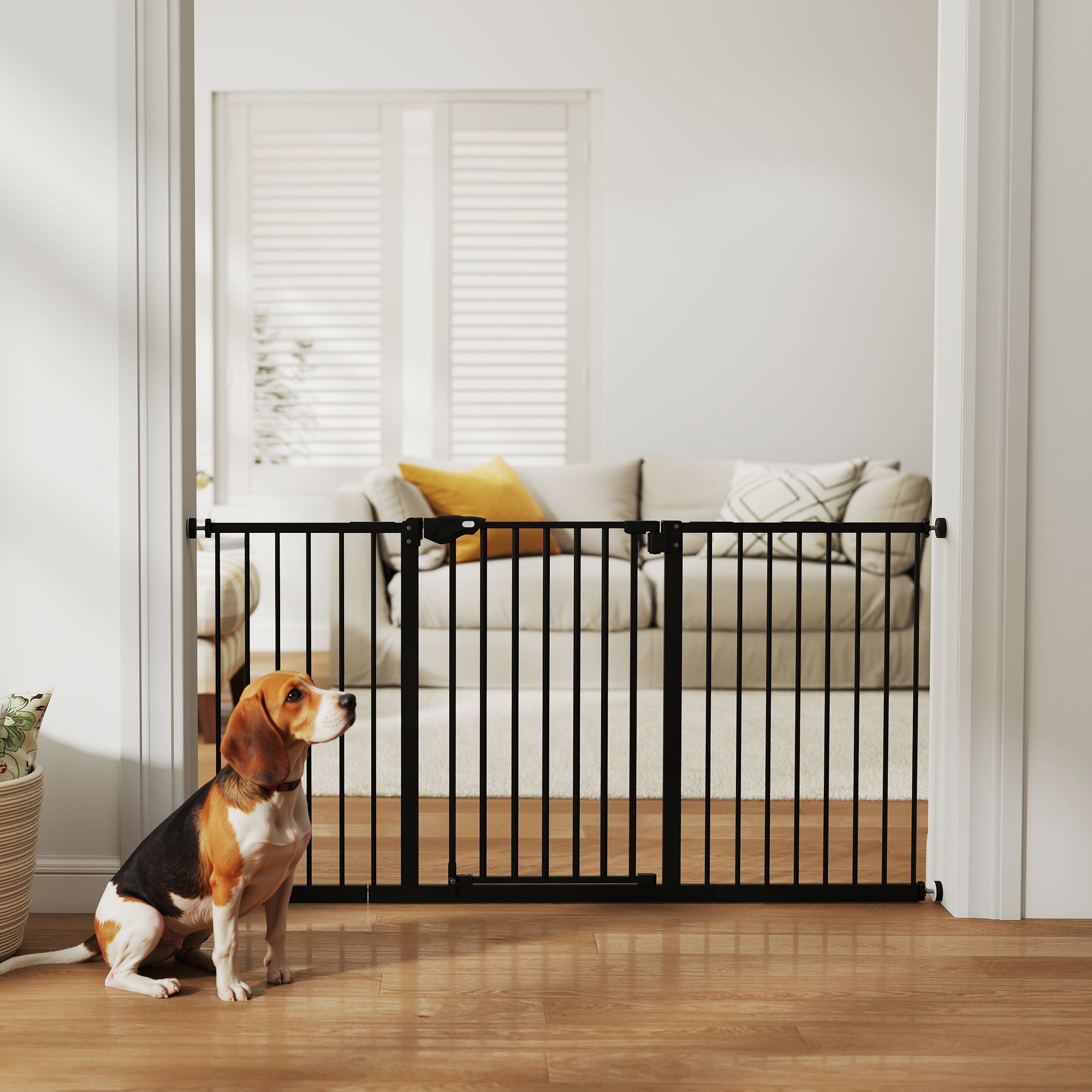 29"-58" Wide Pet Gate with Door Dog Gate and Barrier Indoor for Stairs Includes 7", 8", 12" Extensions Kit, 30 Inch Tall Pressure-Mounted Safety Gate, Black