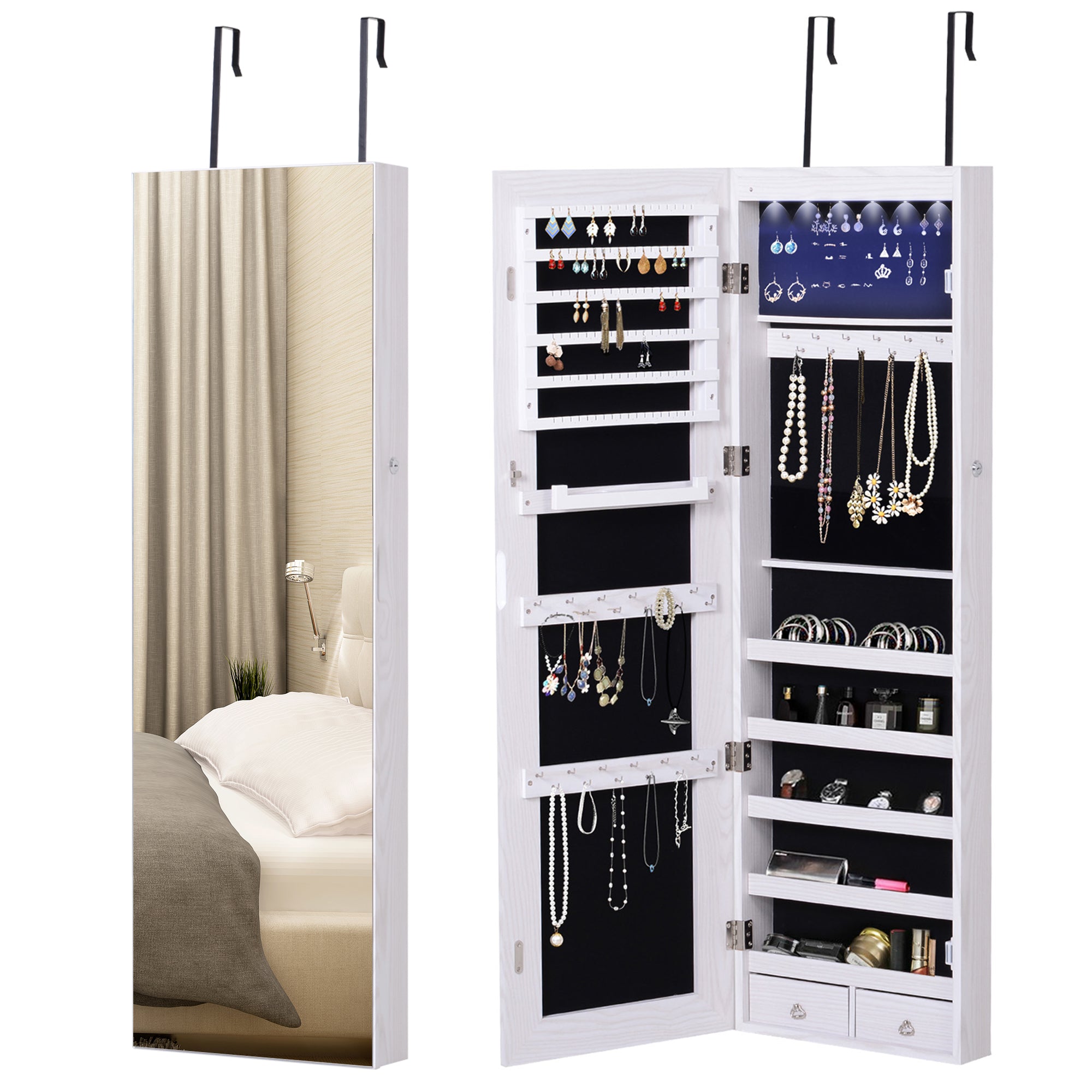 Mirror Jewelry Cabinet Armoire with LED Lights and 2 Keys, Wall Door Mounted Jewelry Organizer, Lockable Full-length Mirror, Wood Grain Grey