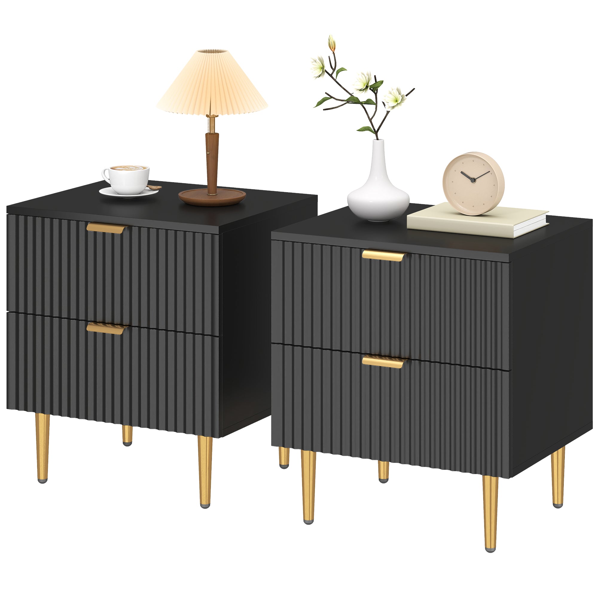Bedside Table Set of 2, Modern Nightstand with 2 Drawers, Side End Table with Metal Legs for Living Room, Bedroom, Black